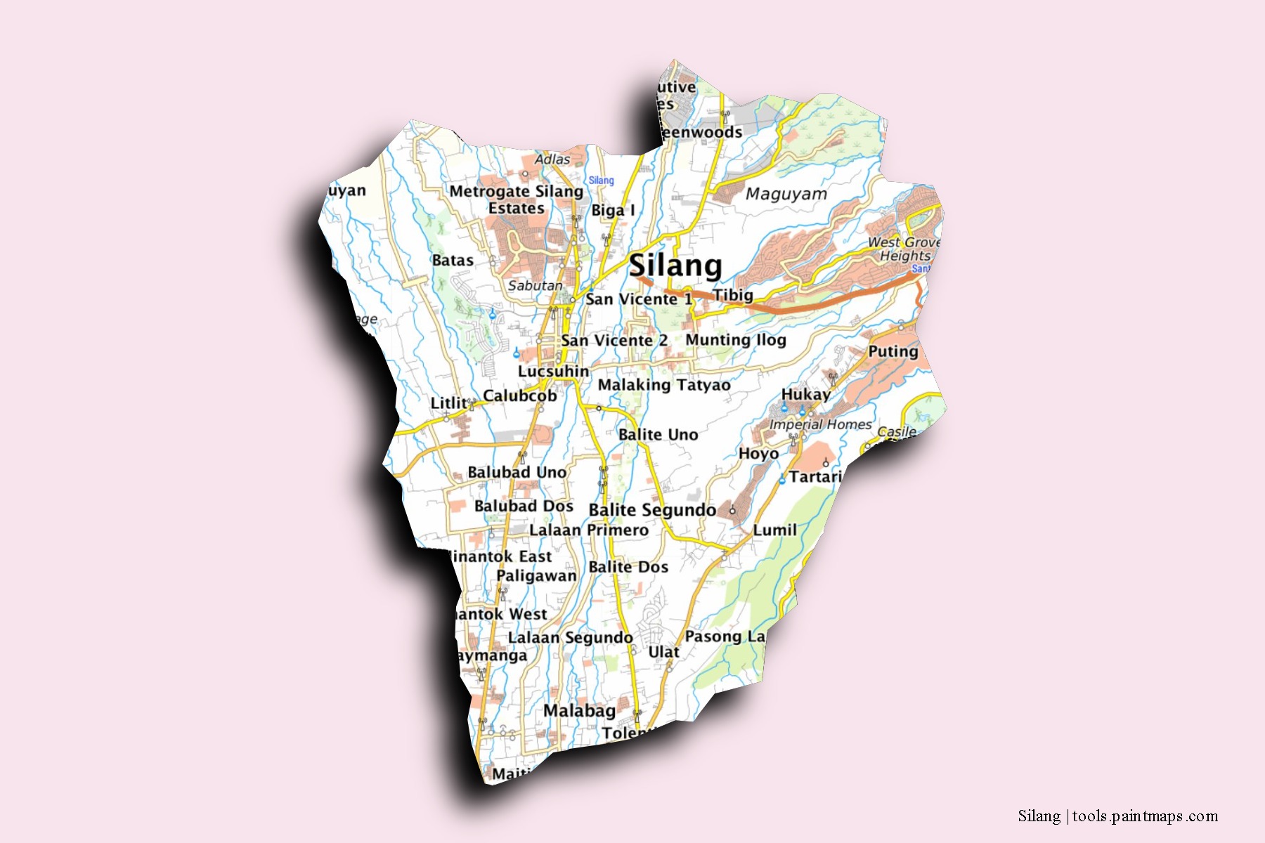 Mapa de barrios y pueblos de Silang con efecto de sombra 3D