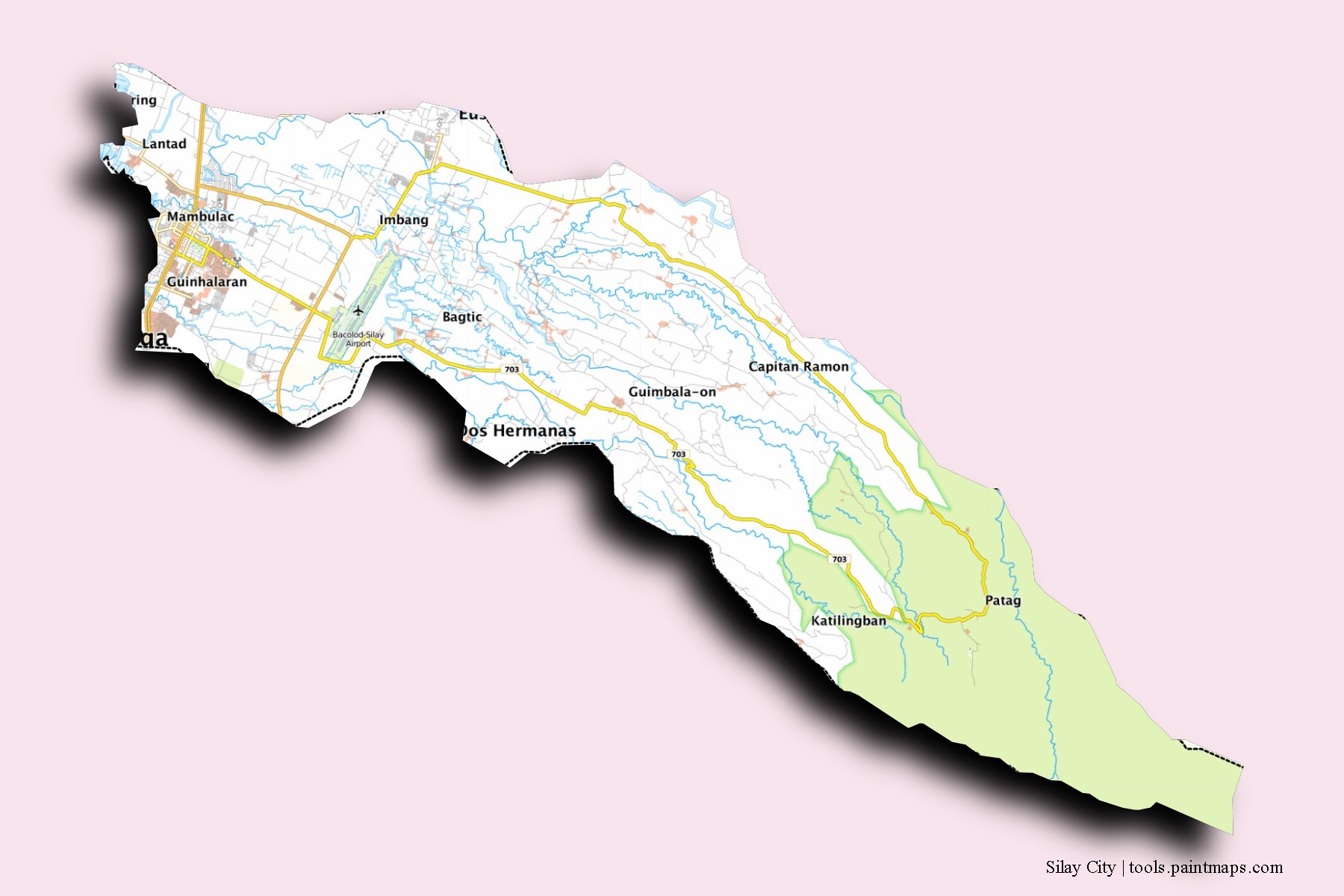 Silay City neighborhoods and villages map with 3D shadow effect