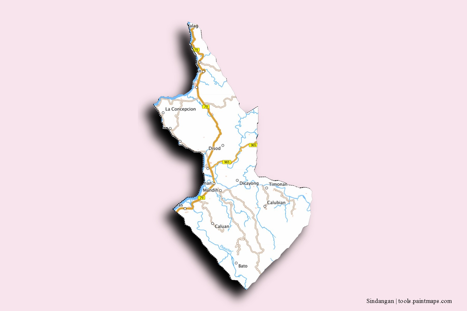 Sindangan neighborhoods and villages map with 3D shadow effect