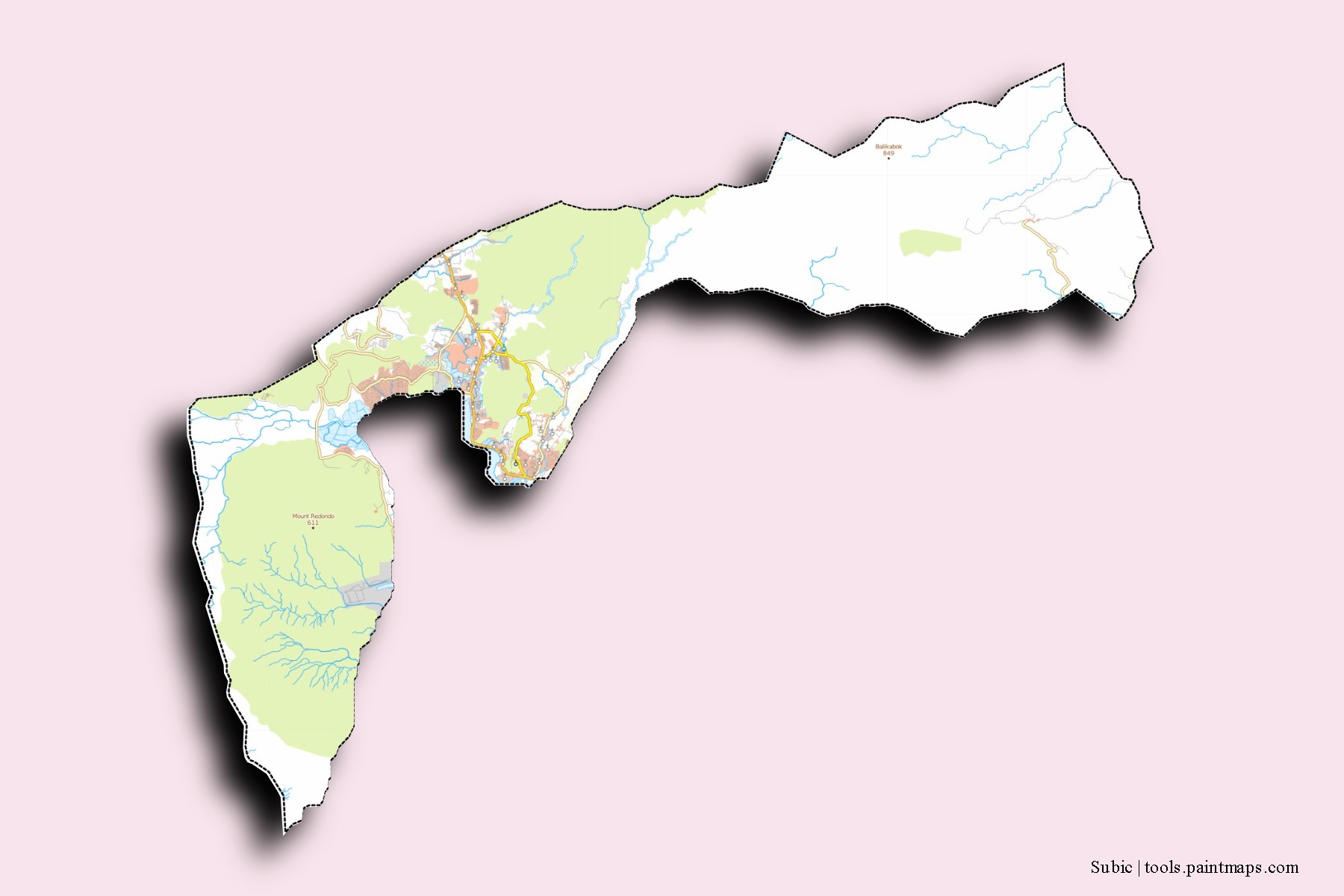 Subic neighborhoods and villages map with 3D shadow effect