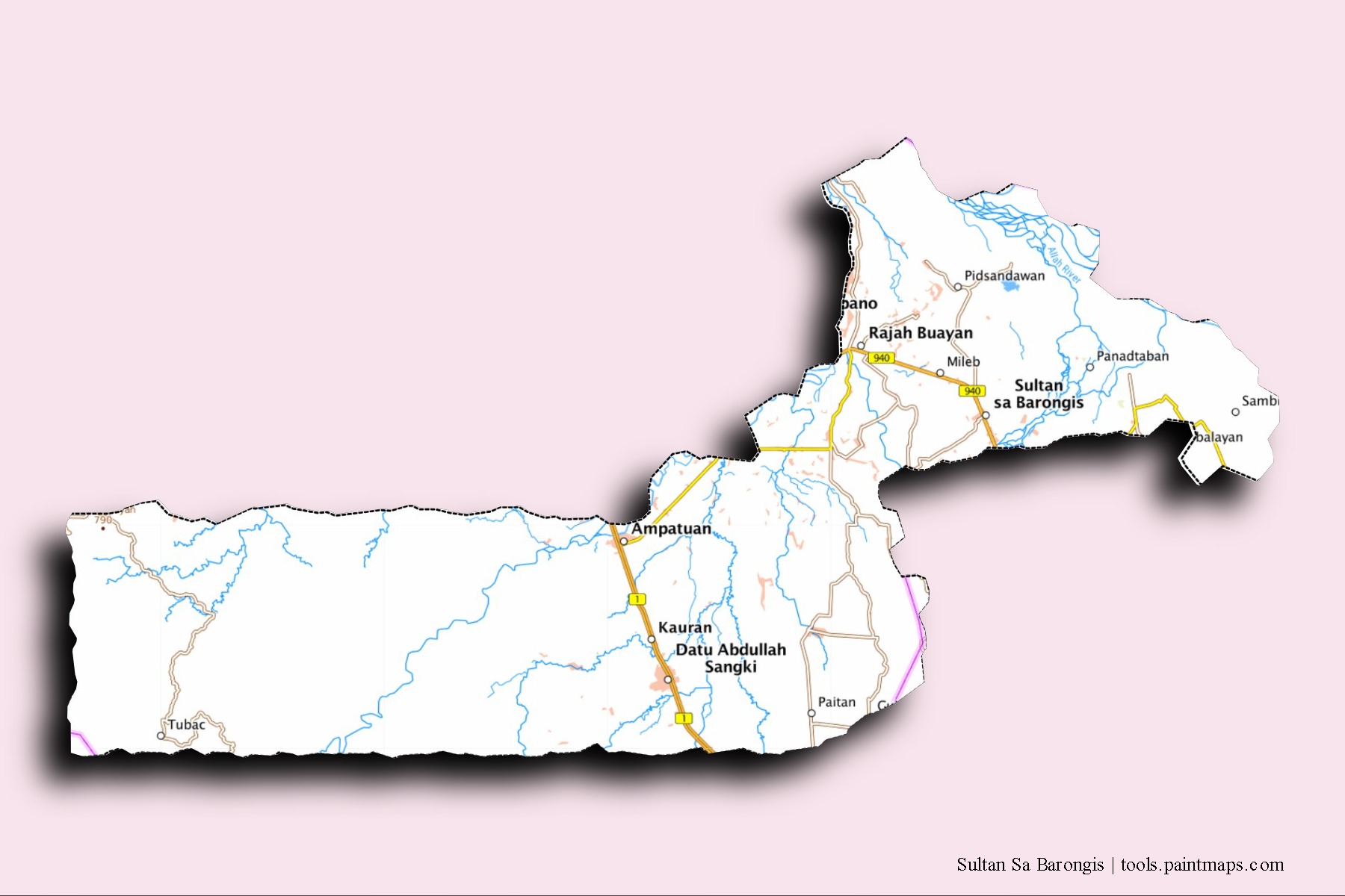 Sultan Sa Barongis neighborhoods and villages map with 3D shadow effect