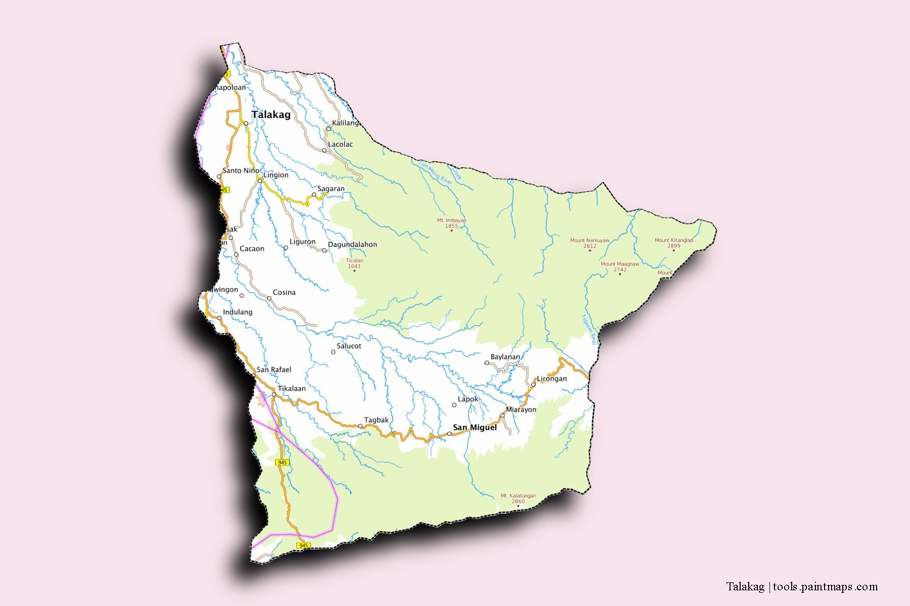 Mapa de barrios y pueblos de Talakag con efecto de sombra 3D