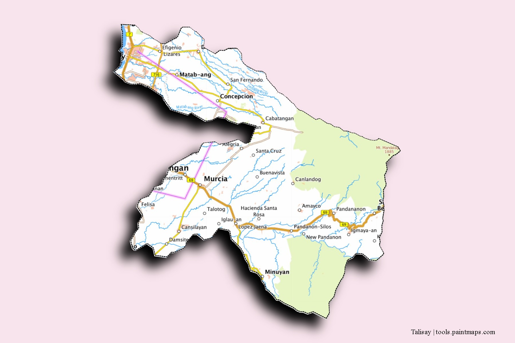 Mapa de barrios y pueblos de Talisay con efecto de sombra 3D