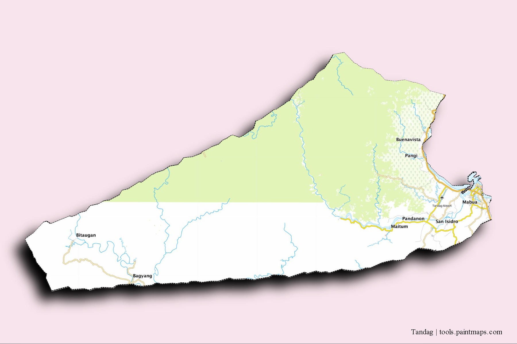 Tandag neighborhoods and villages map with 3D shadow effect