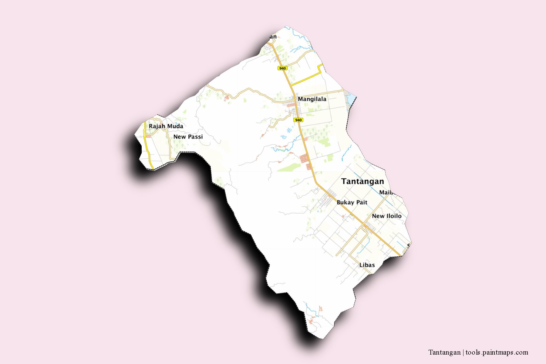 Mapa de barrios y pueblos de Tantangan con efecto de sombra 3D