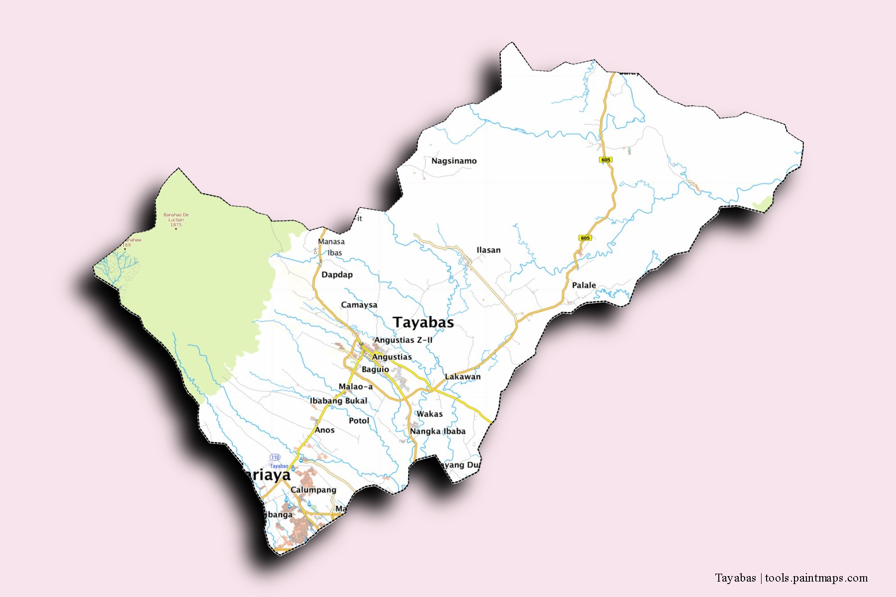 Tayabas neighborhoods and villages map with 3D shadow effect