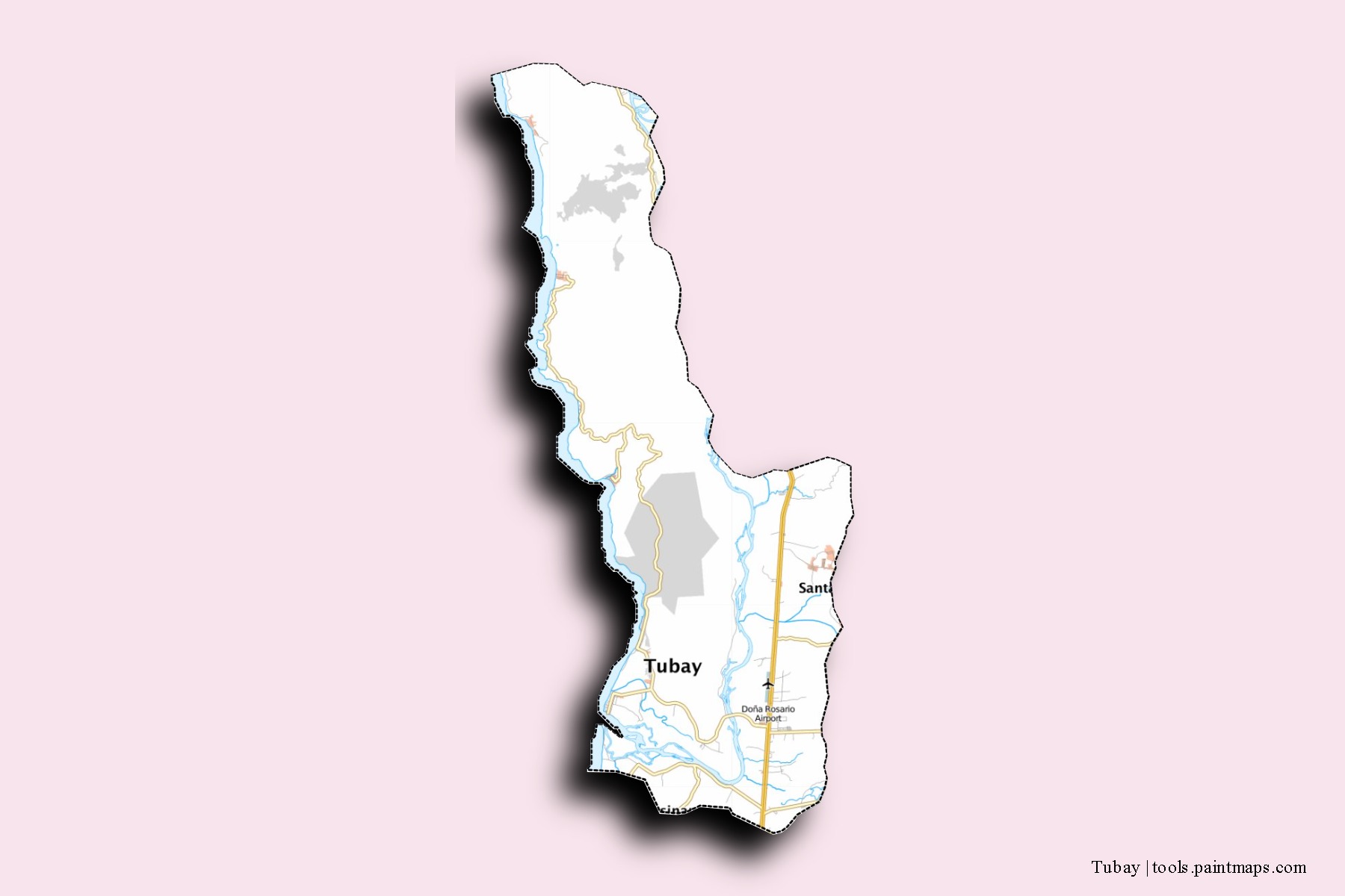 Mapa de barrios y pueblos de Tubay con efecto de sombra 3D