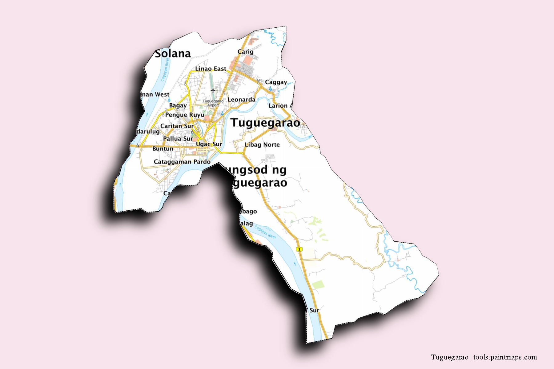 Tuguegarao neighborhoods and villages map with 3D shadow effect