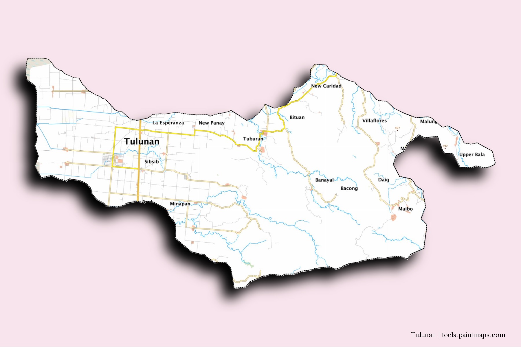 Tulunan neighborhoods and villages map with 3D shadow effect