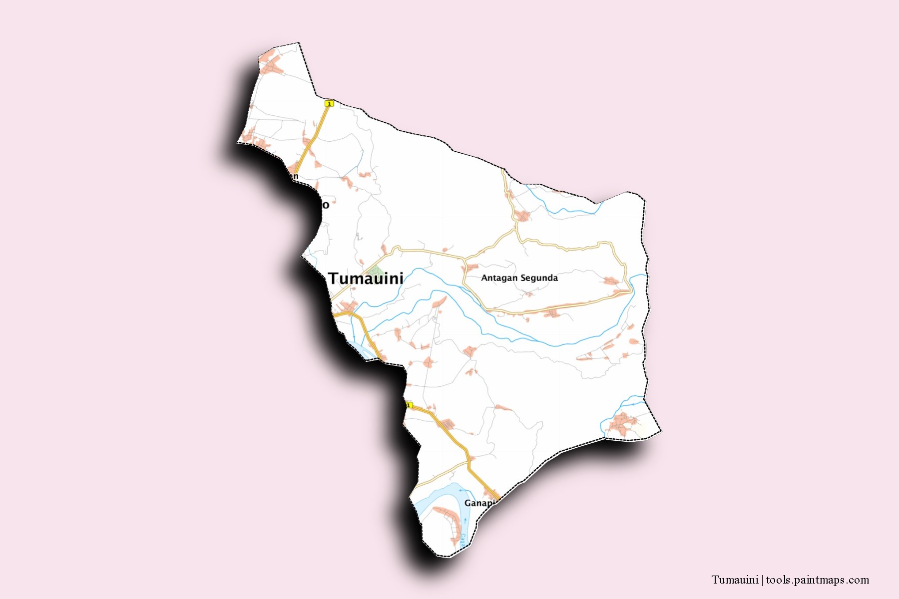 Tumauini neighborhoods and villages map with 3D shadow effect