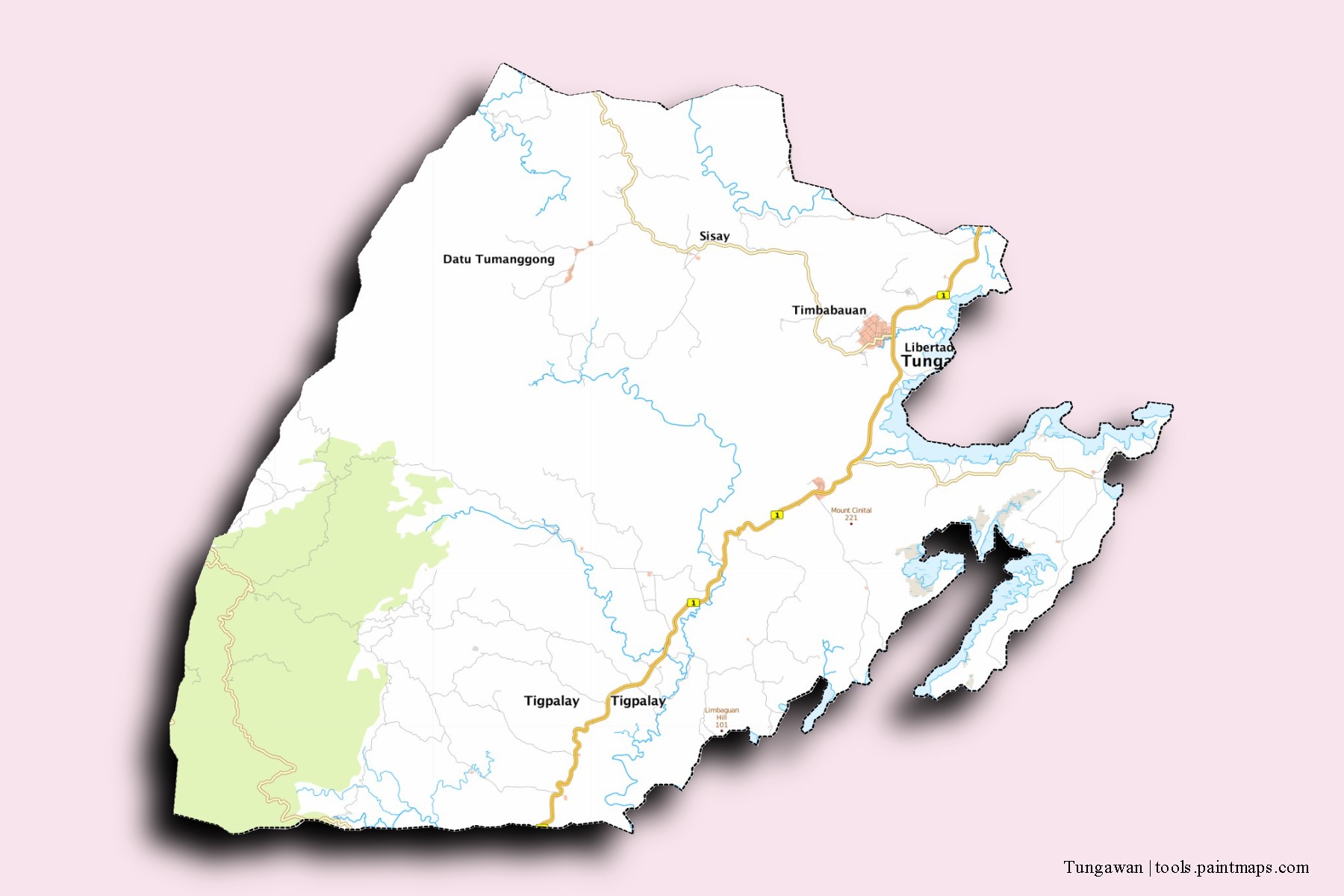 Mapa de barrios y pueblos de Tungawan con efecto de sombra 3D