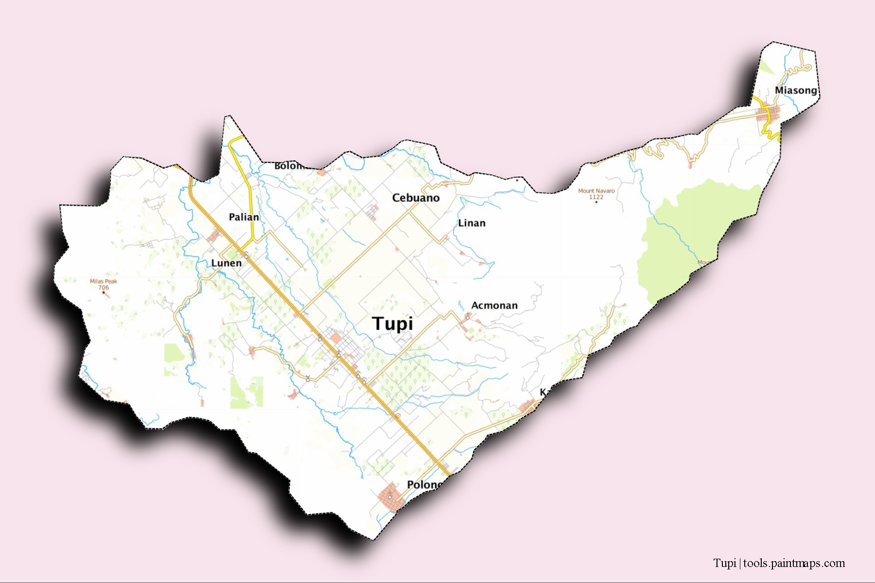 Tupi neighborhoods and villages map with 3D shadow effect