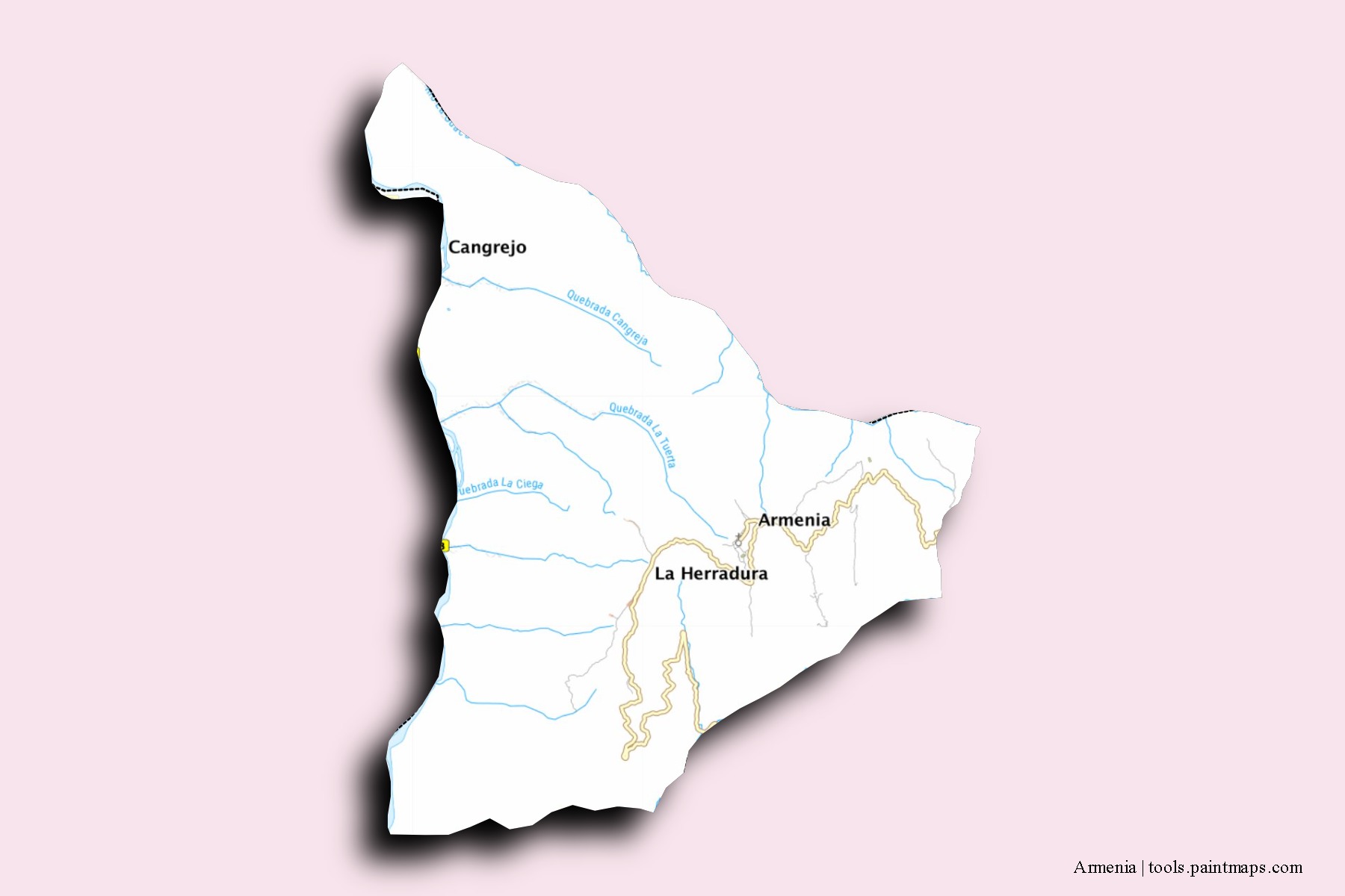 Mapa de barrios y pueblos de Armenia con efecto de sombra 3D