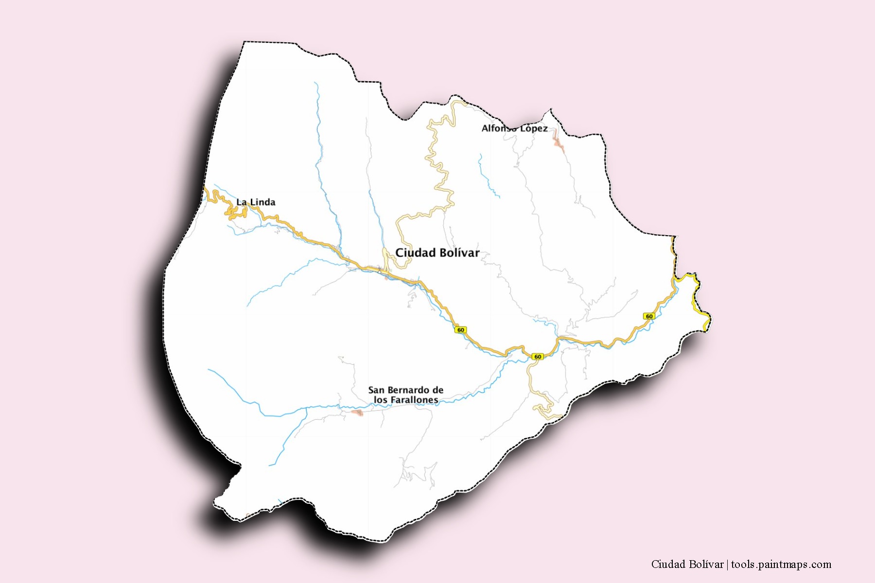 Mapa de barrios y pueblos de Ciudad Bolívar con efecto de sombra 3D