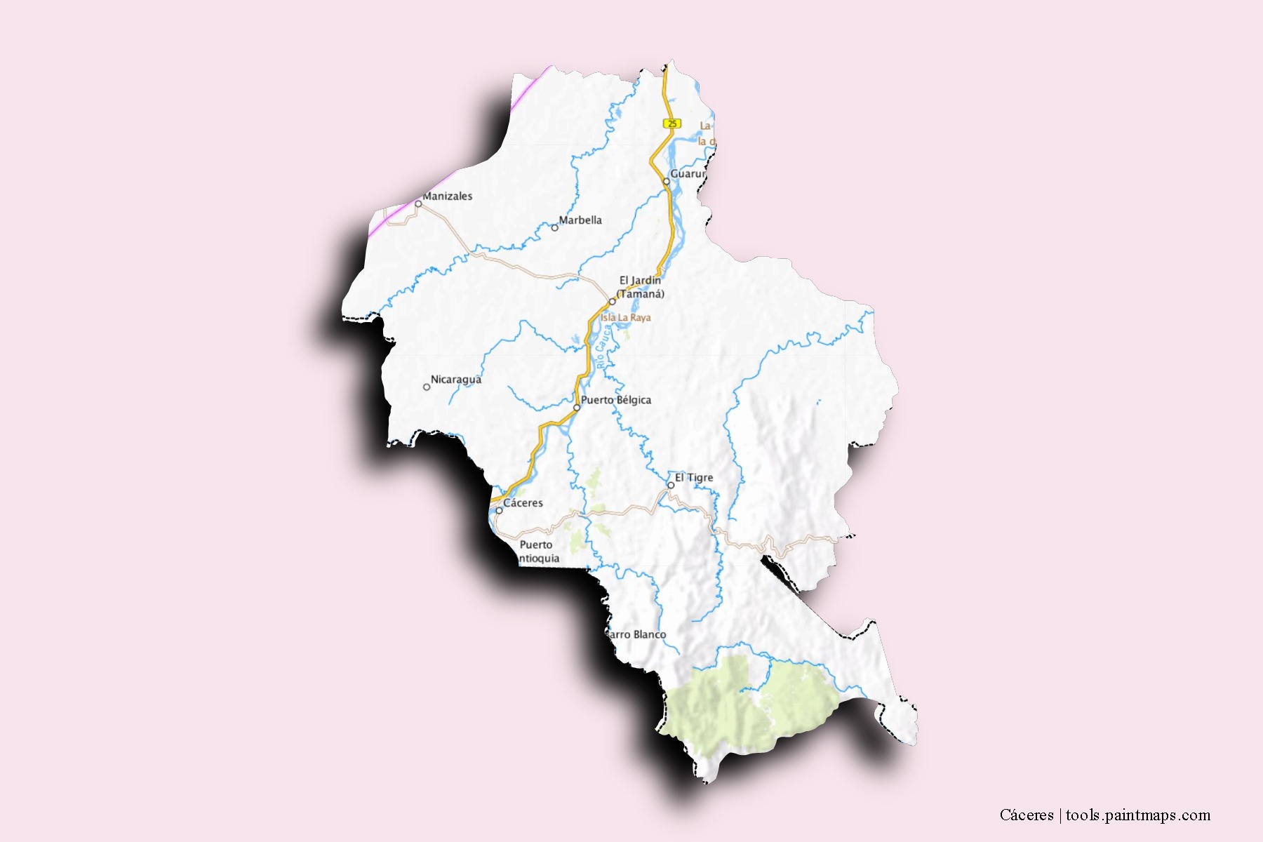 Mapa de barrios y pueblos de Cáceres con efecto de sombra 3D