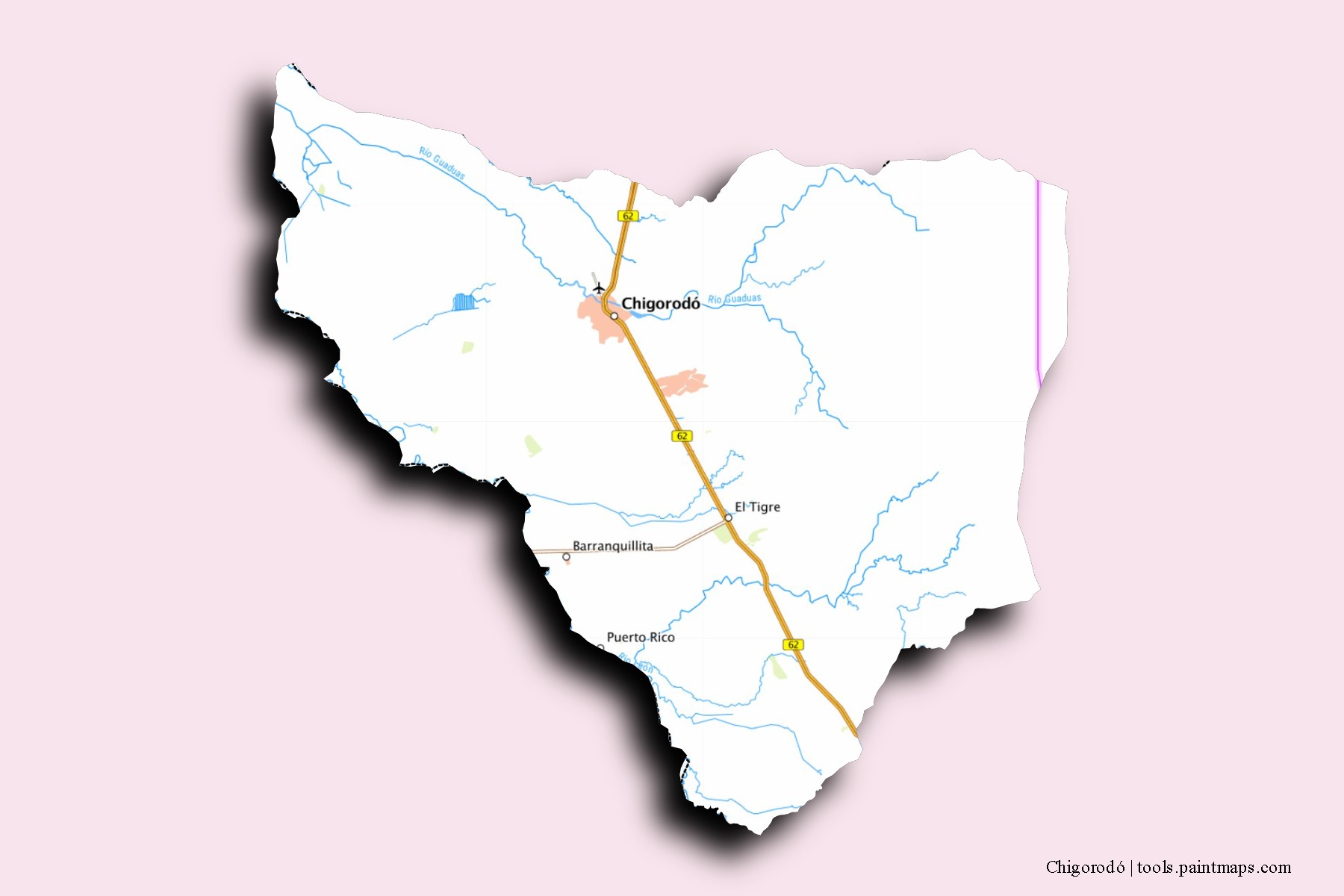 Mapa de barrios y pueblos de Chigorodó con efecto de sombra 3D