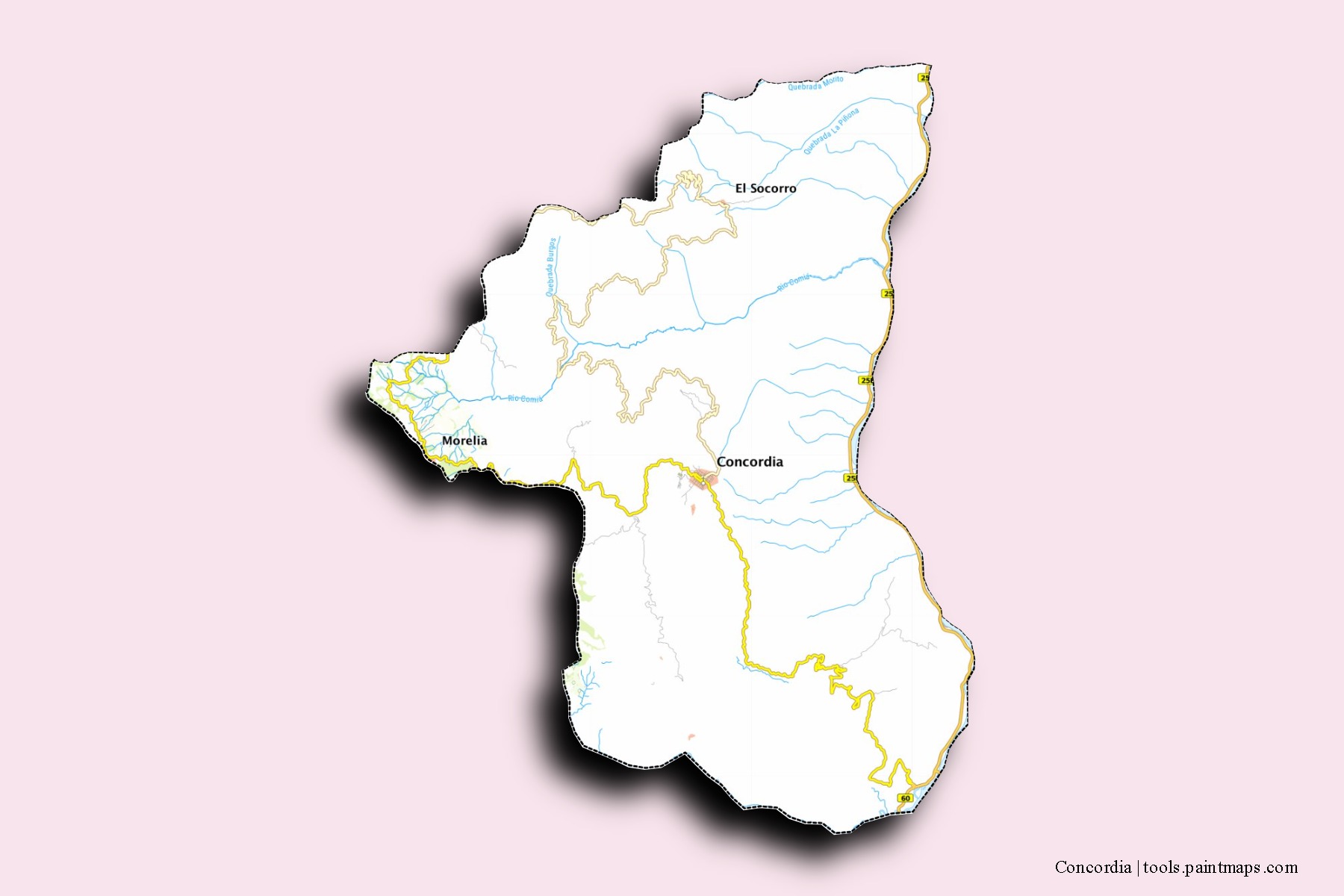 Mapa de barrios y pueblos de Concordia con efecto de sombra 3D