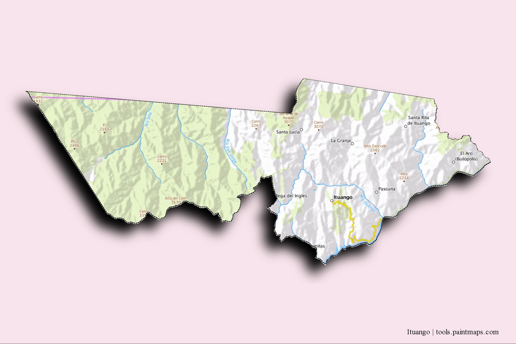 Ituango neighborhoods and villages map with 3D shadow effect