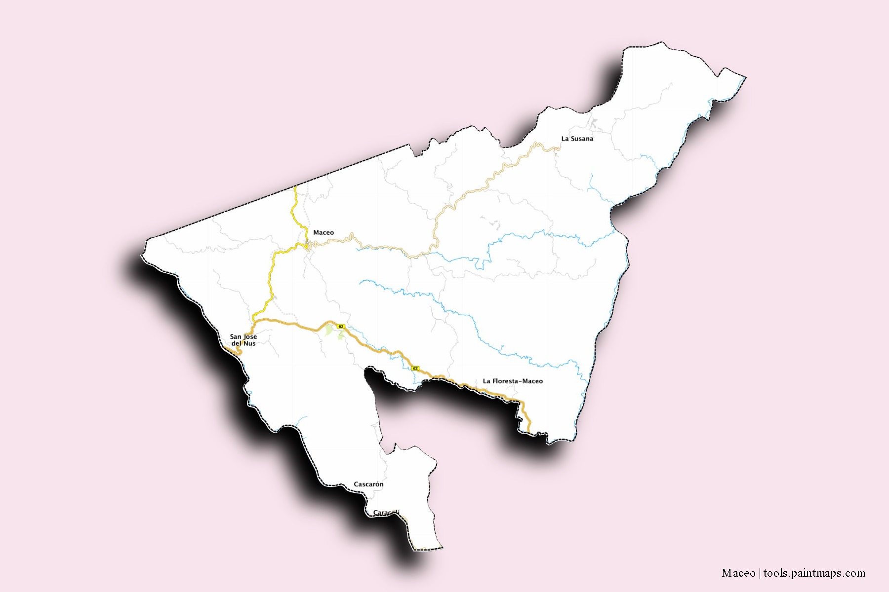 Mapa de barrios y pueblos de Maceo con efecto de sombra 3D