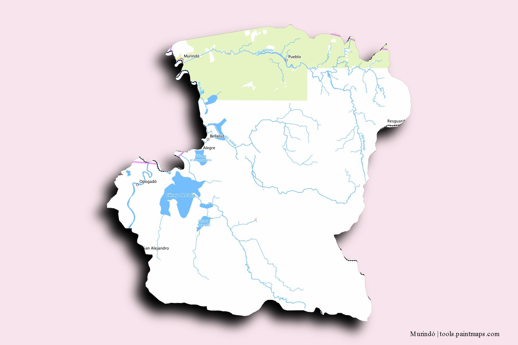 Murindó neighborhoods and villages map with 3D shadow effect