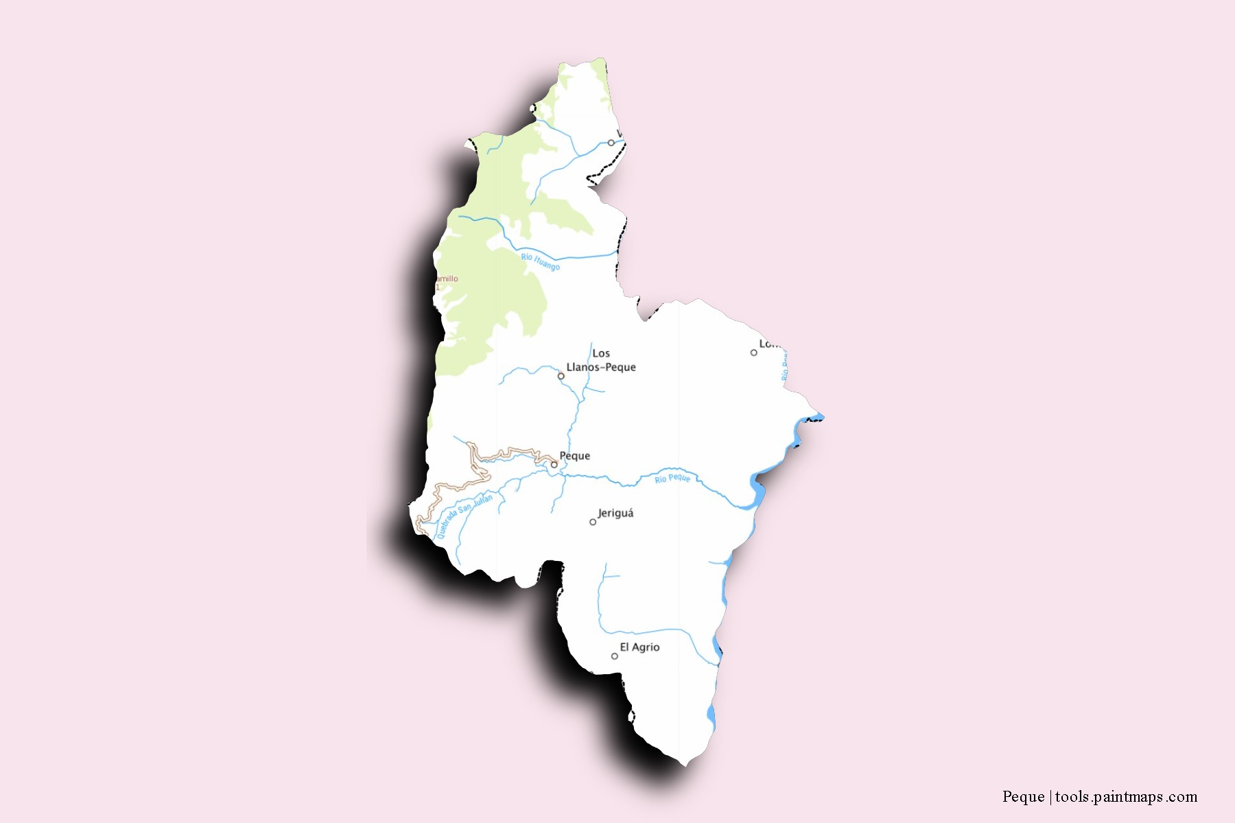 Mapa de barrios y pueblos de Peque con efecto de sombra 3D