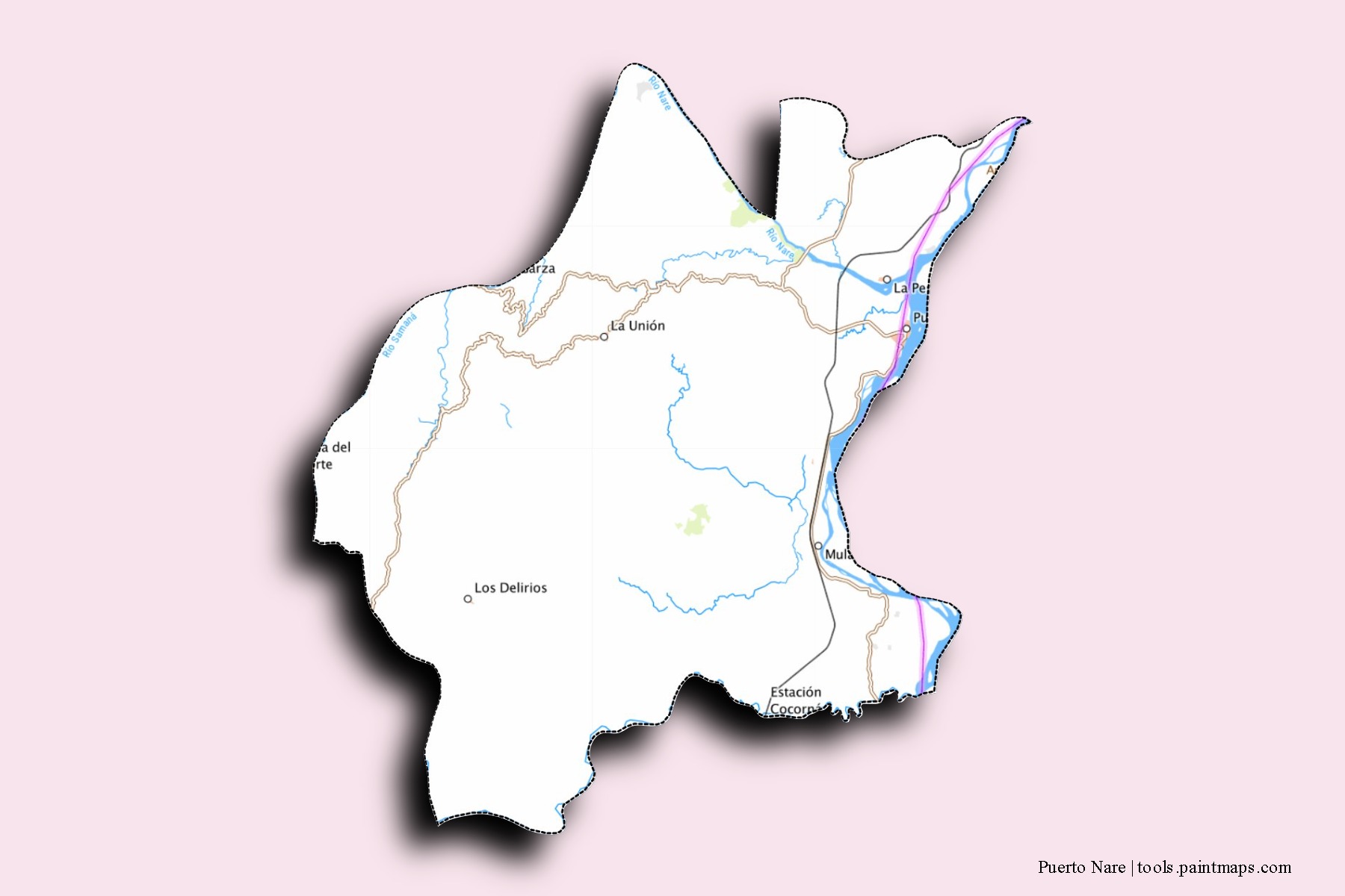 Mapa de barrios y pueblos de Puerto Nare con efecto de sombra 3D