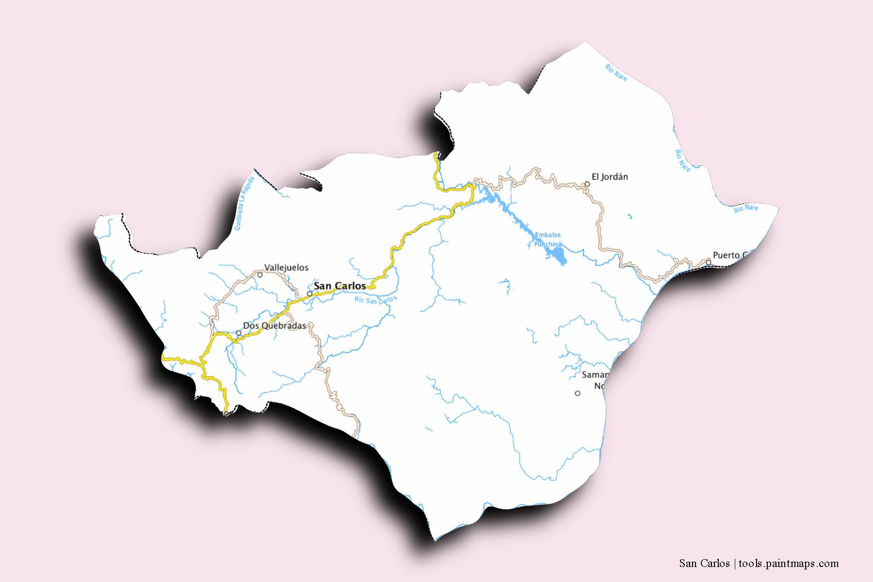 Mapa de barrios y pueblos de San Carlos con efecto de sombra 3D