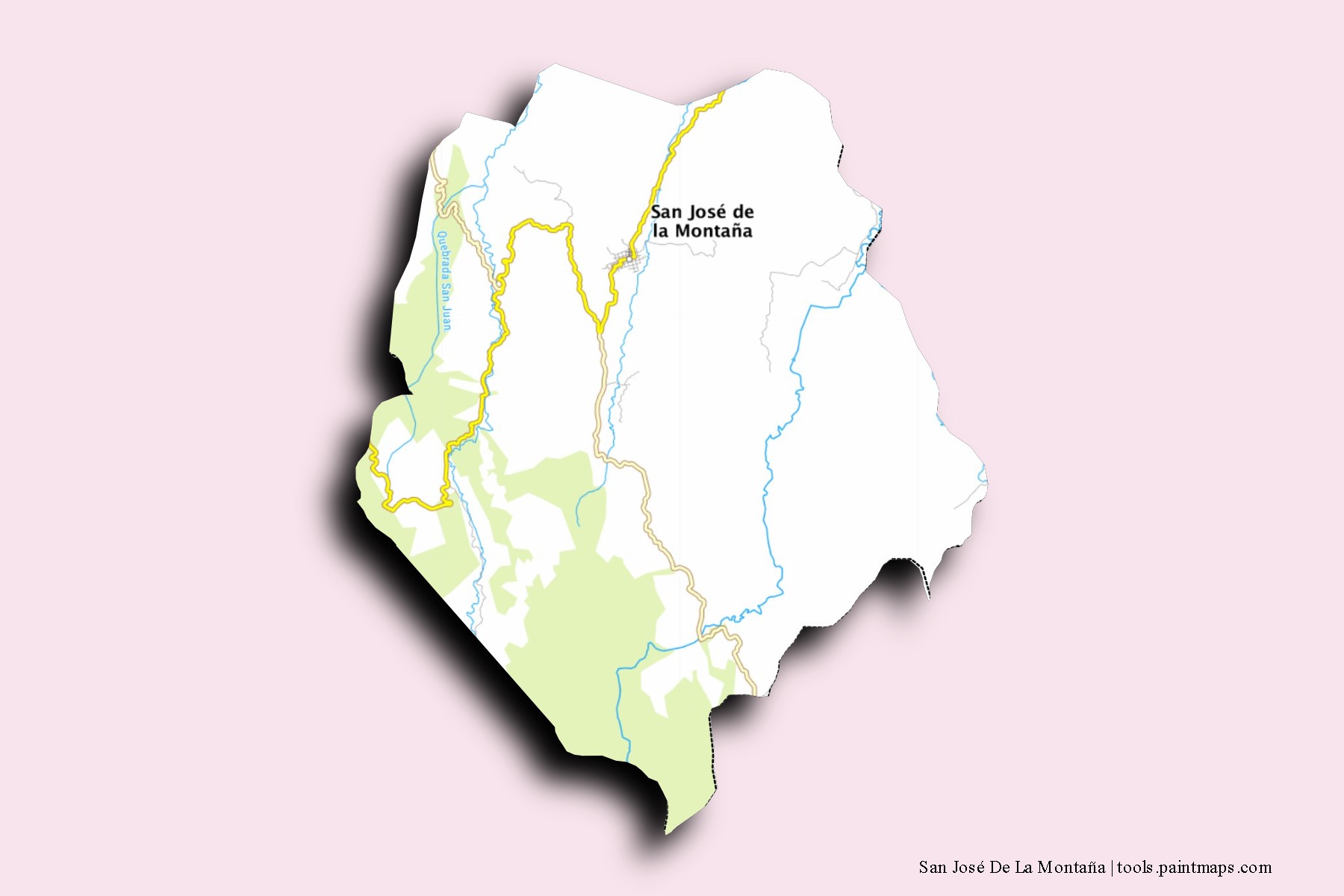 Mapa de barrios y pueblos de San José De La Montaña con efecto de sombra 3D