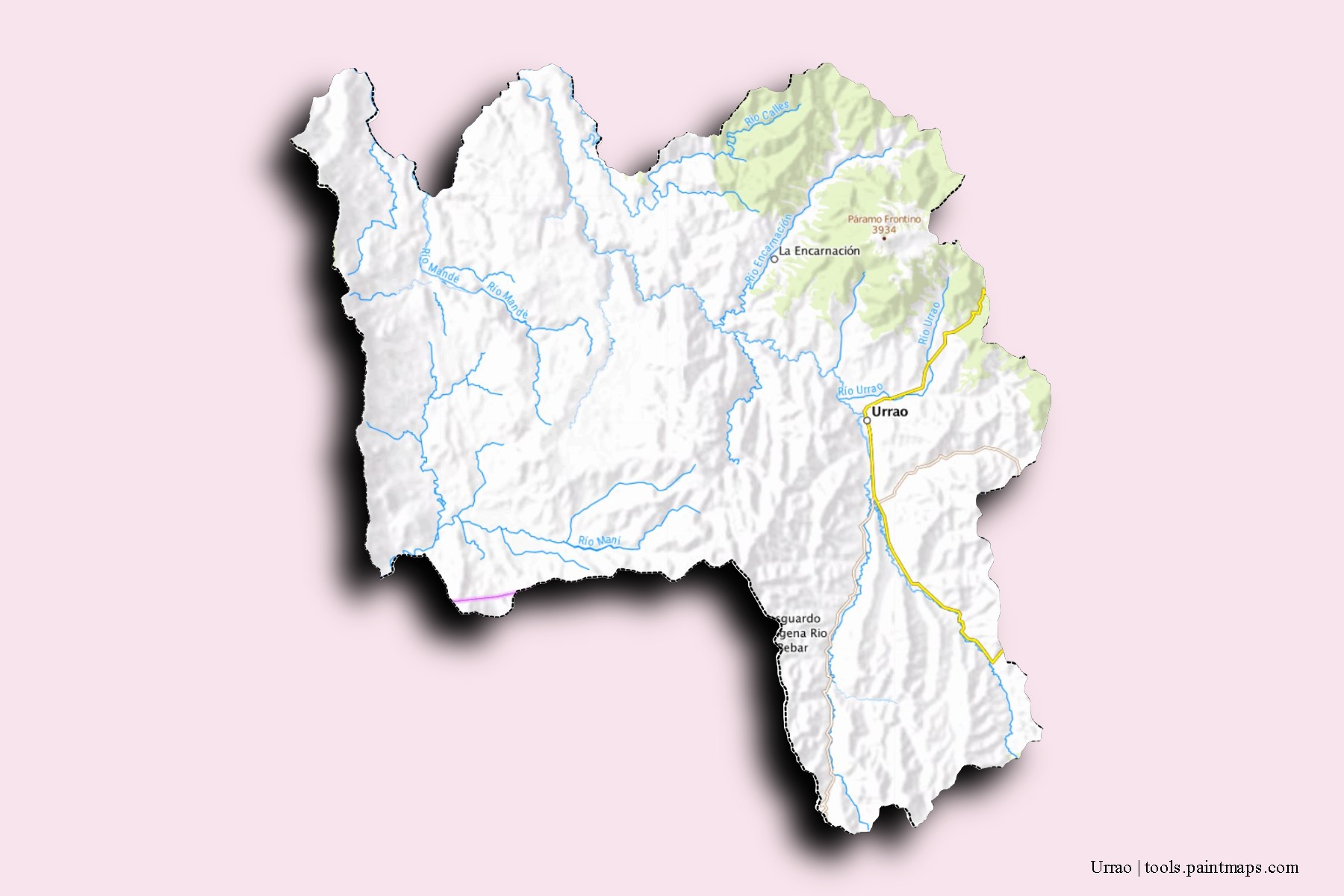 Mapa de barrios y pueblos de Urrao con efecto de sombra 3D