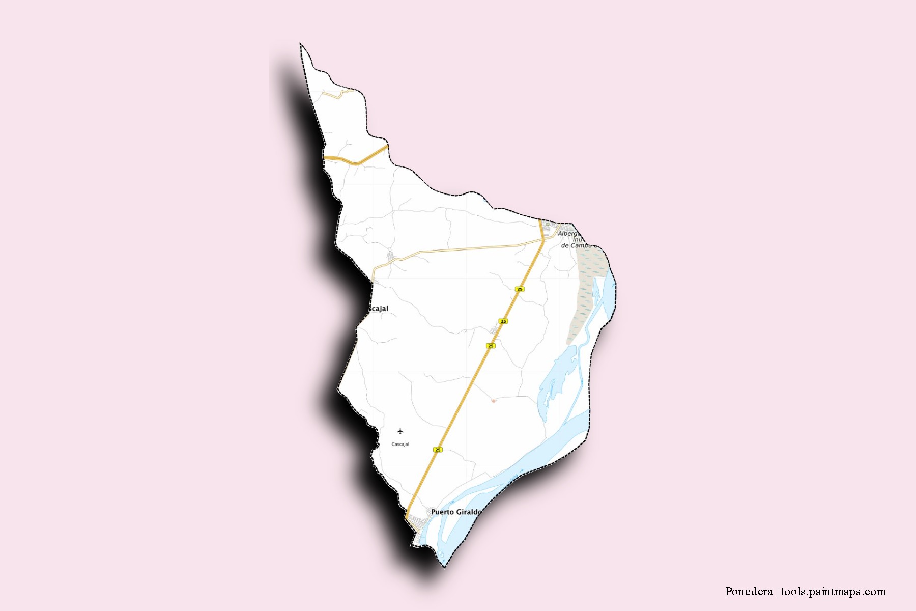 Mapa de barrios y pueblos de Ponedera con efecto de sombra 3D