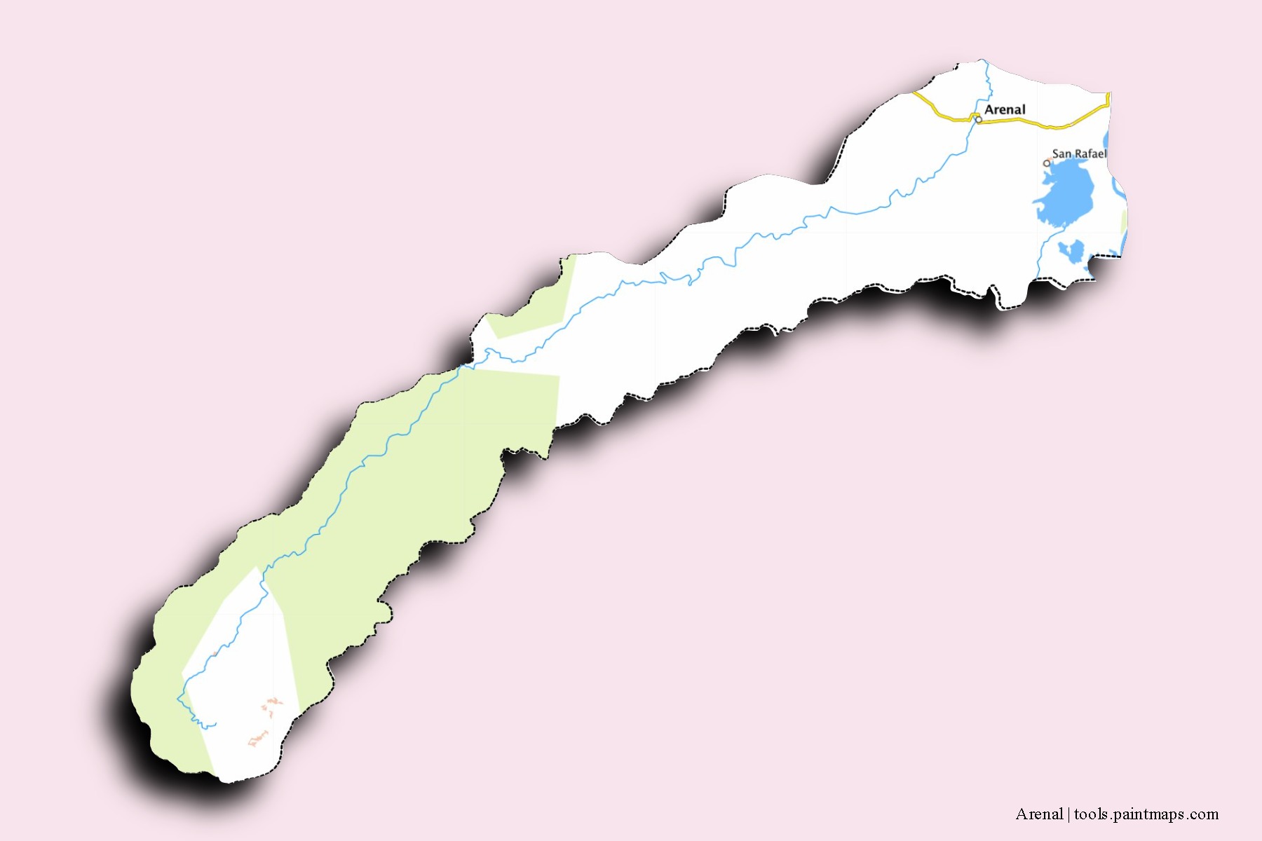 Arenal neighborhoods and villages map with 3D shadow effect