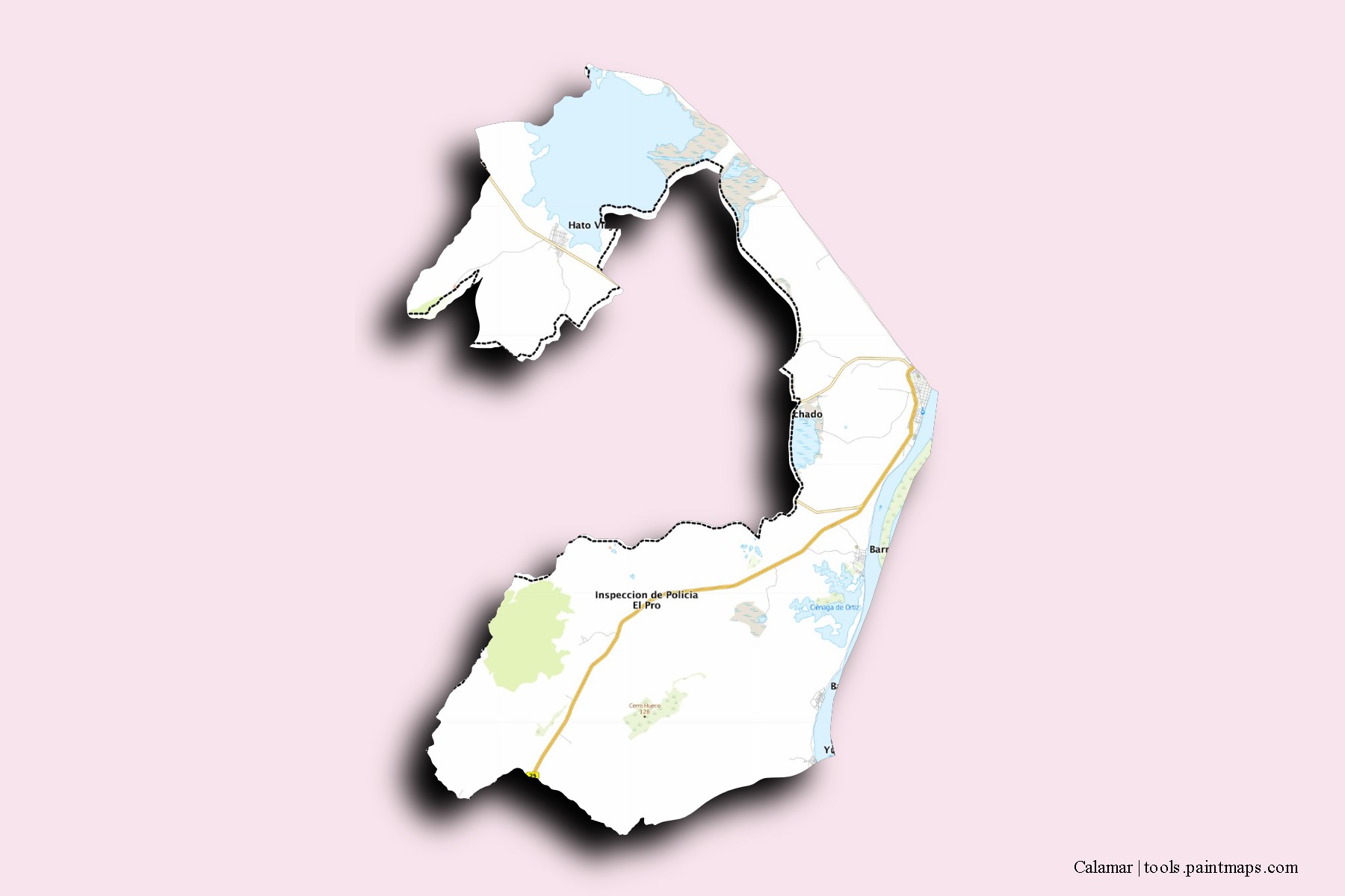 Mapa de barrios y pueblos de Calamar con efecto de sombra 3D