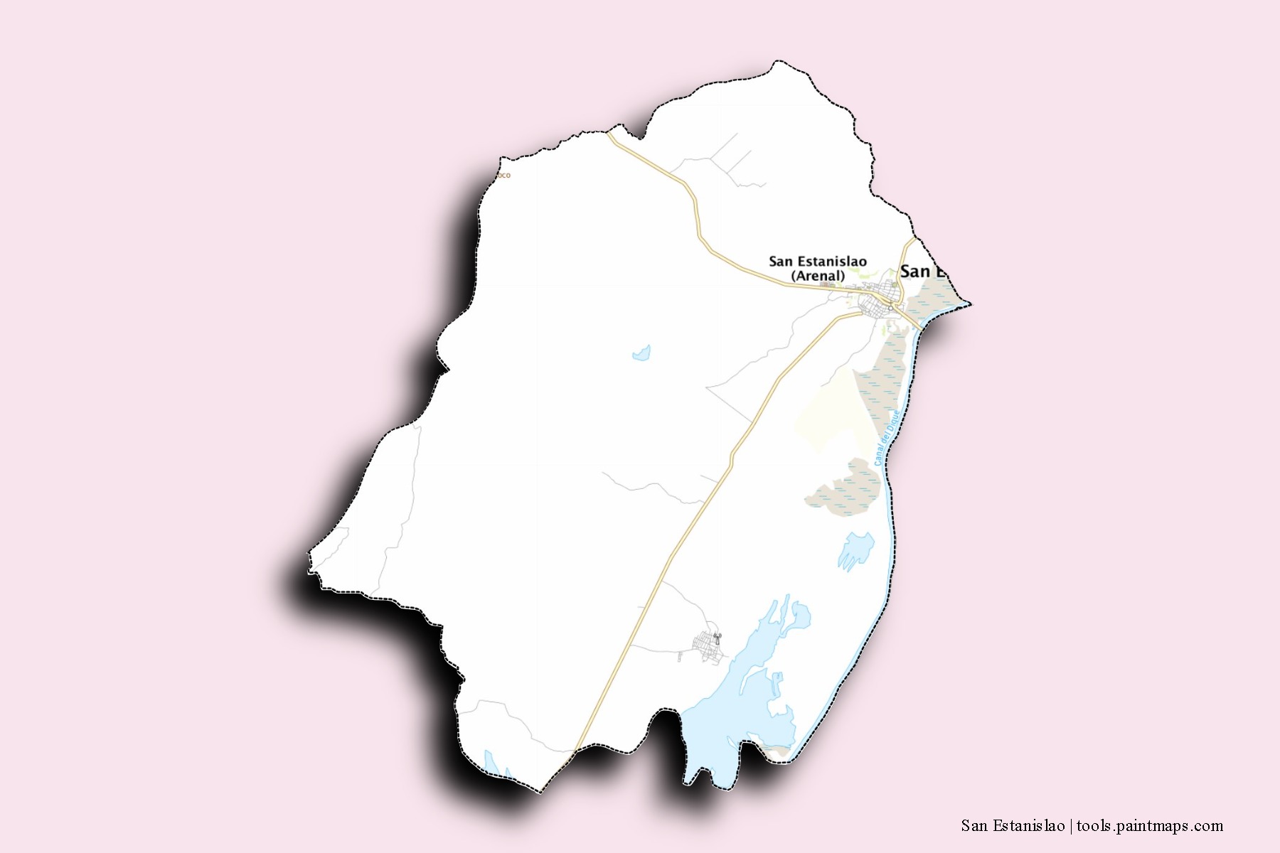 Mapa de barrios y pueblos de San Estanislao con efecto de sombra 3D