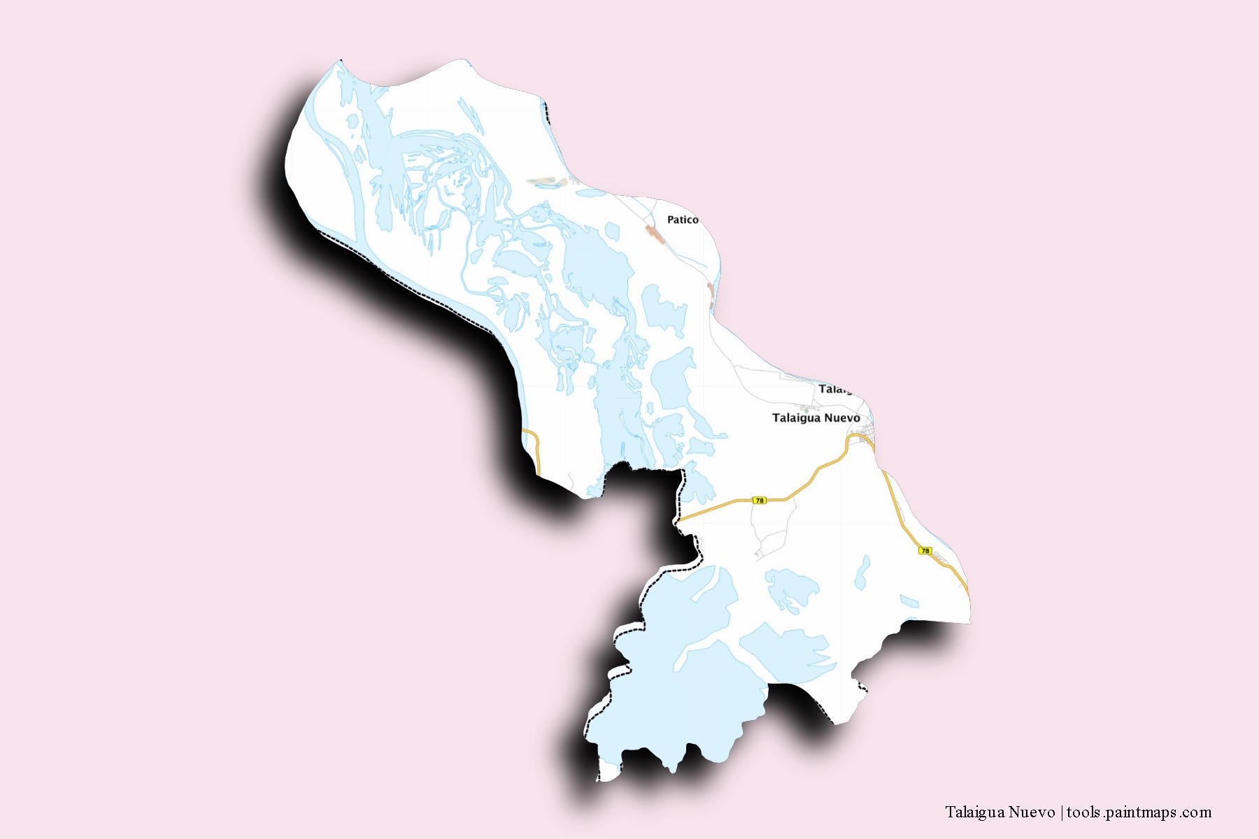 Mapa de barrios y pueblos de Talaigua Nuevo con efecto de sombra 3D