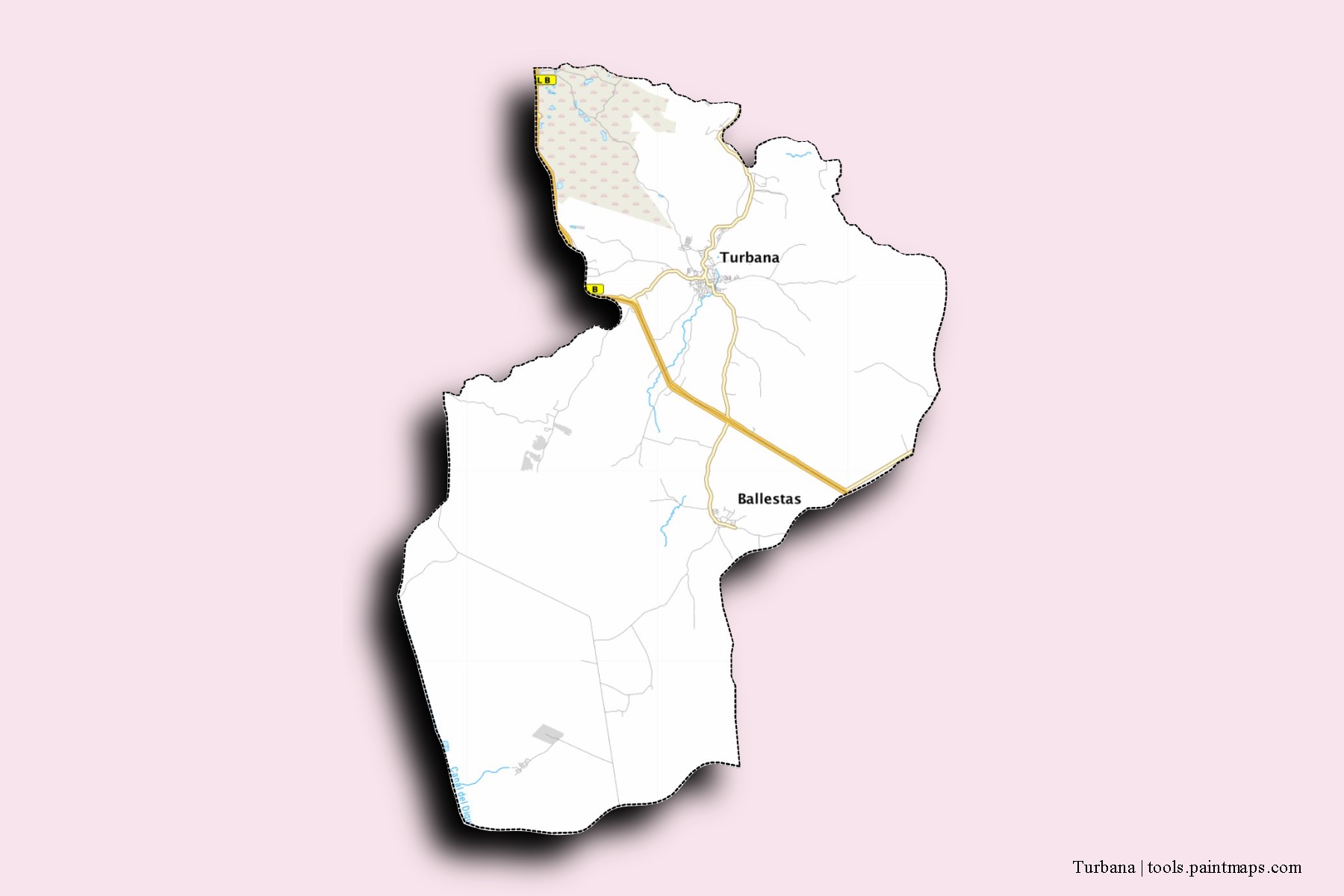 Mapa de barrios y pueblos de Turbana con efecto de sombra 3D