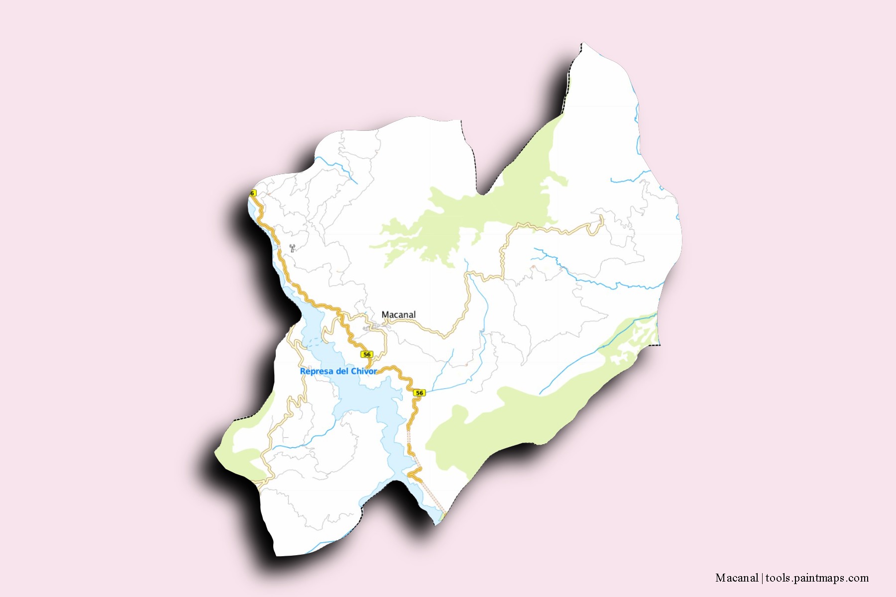 Mapa de barrios y pueblos de Macanal con efecto de sombra 3D