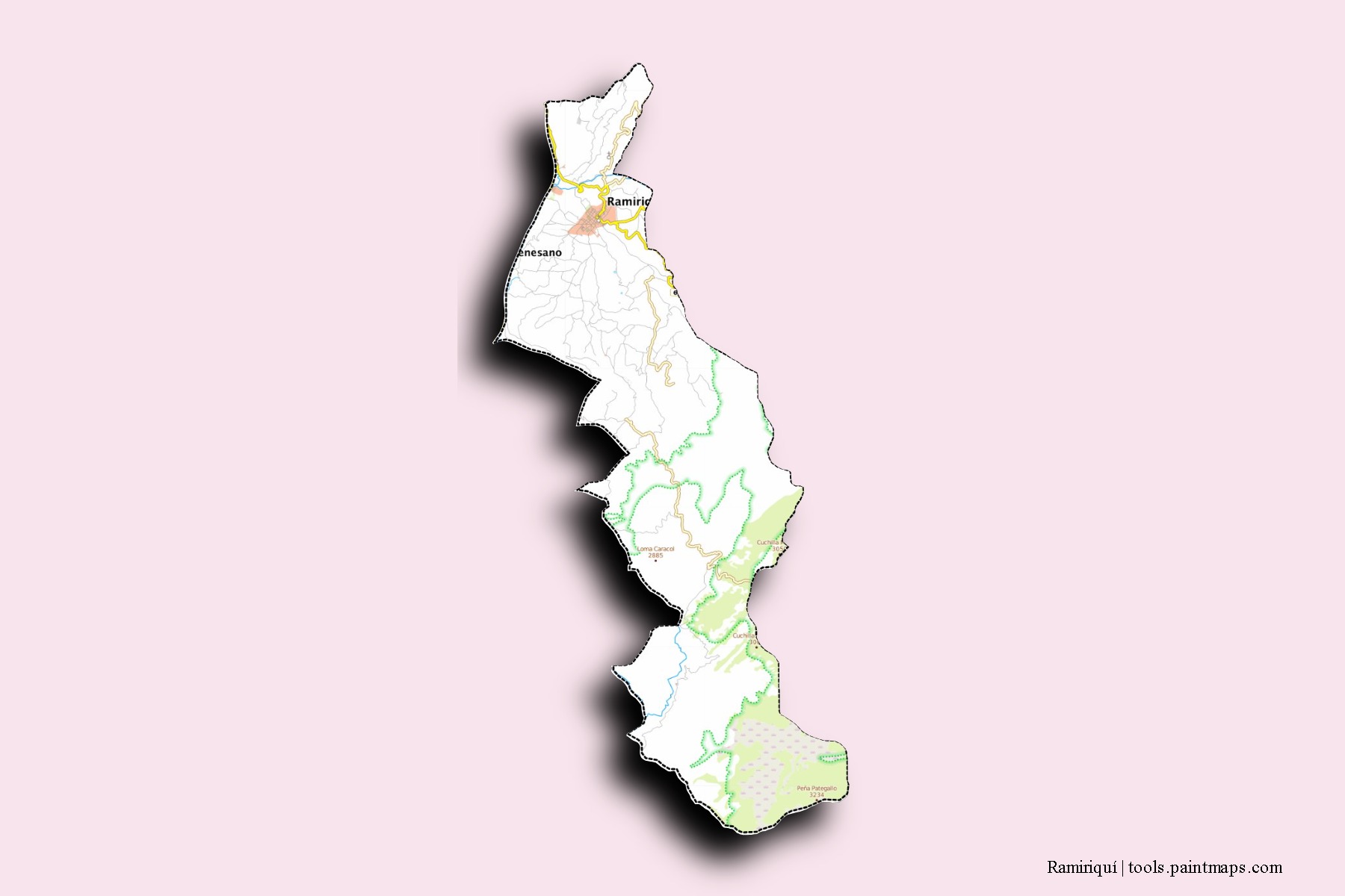 Mapa de barrios y pueblos de Ramiriquí con efecto de sombra 3D