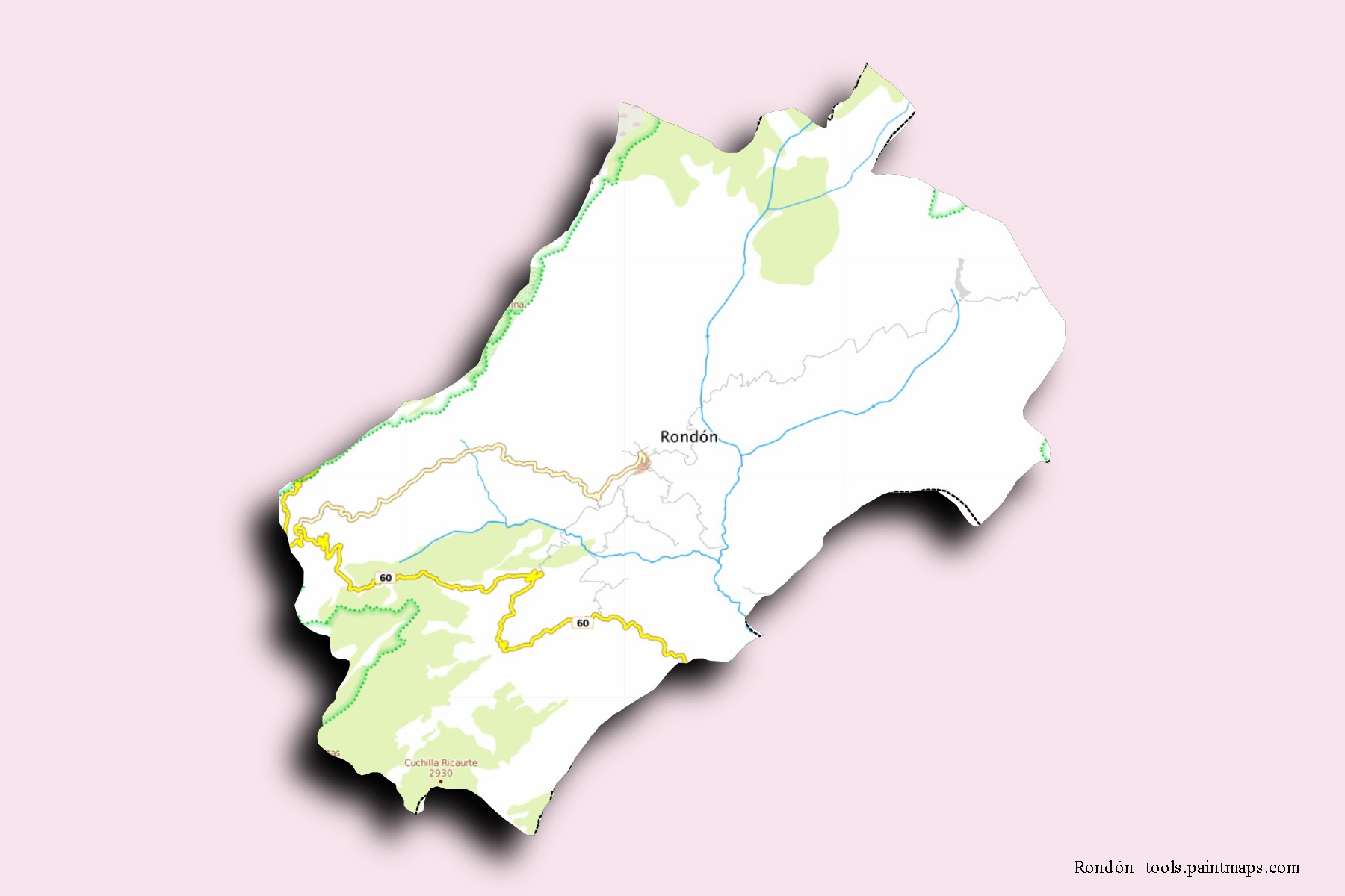 Mapa de barrios y pueblos de Rondón con efecto de sombra 3D