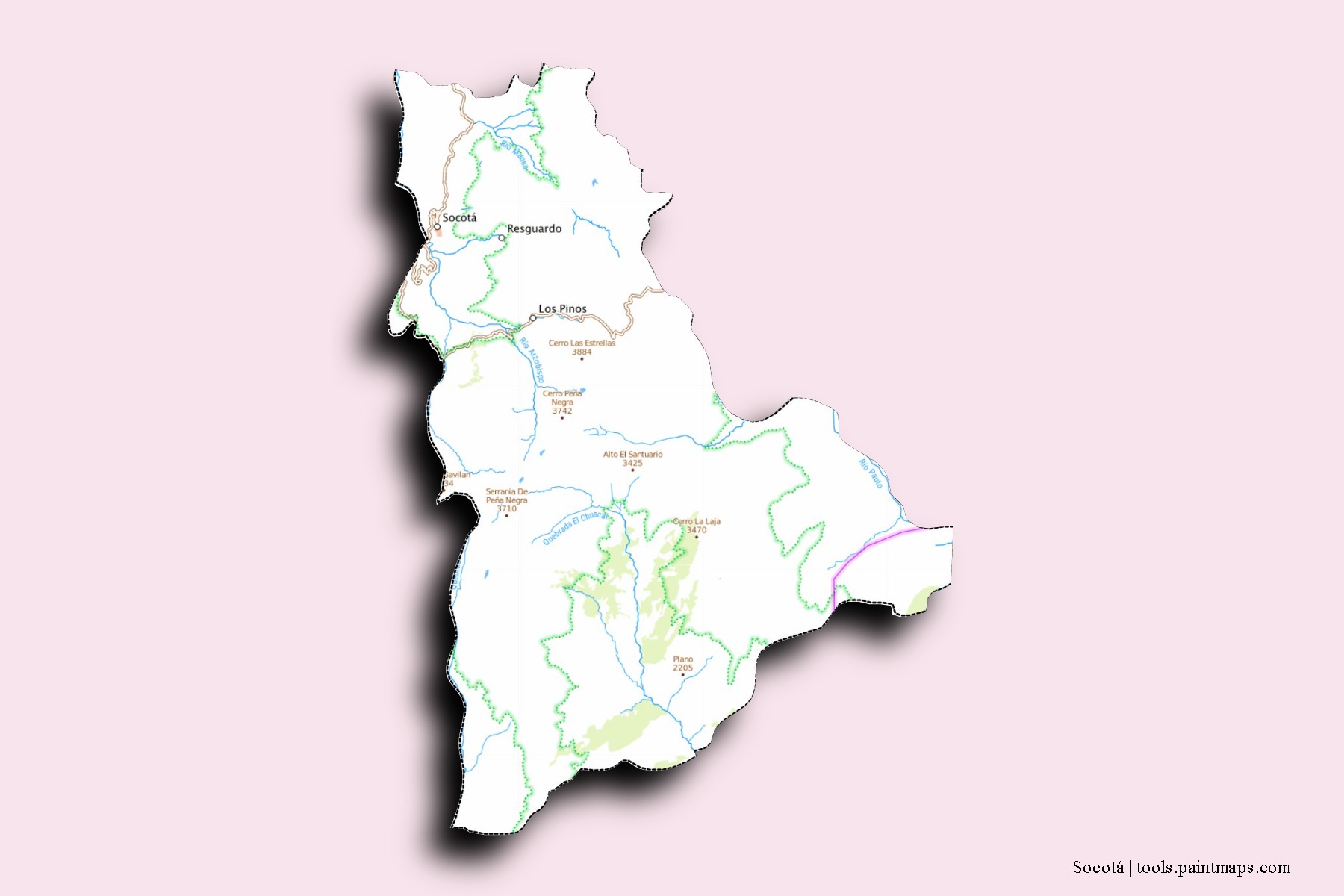 Mapa de barrios y pueblos de Socotá con efecto de sombra 3D