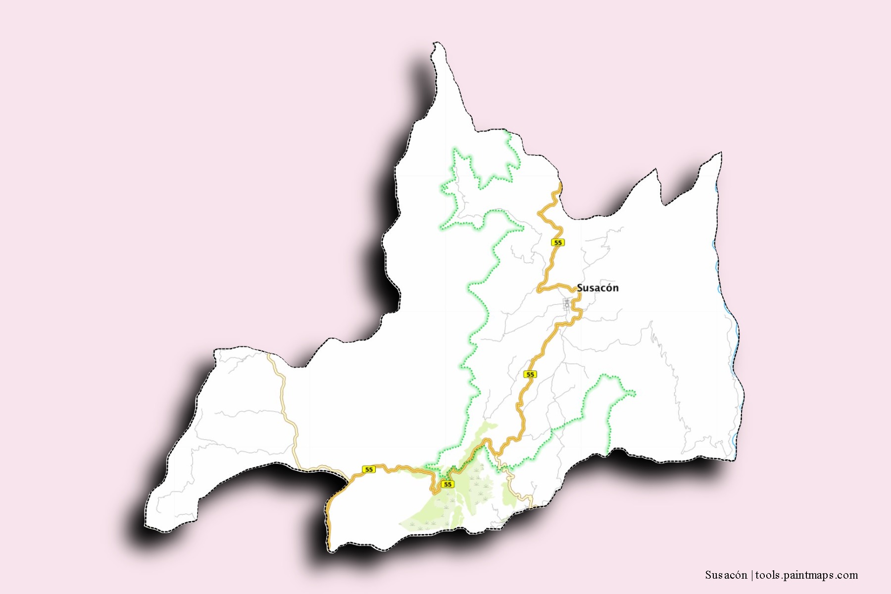 3D gölge efektli Susacón mahalleleri ve köyleri haritası