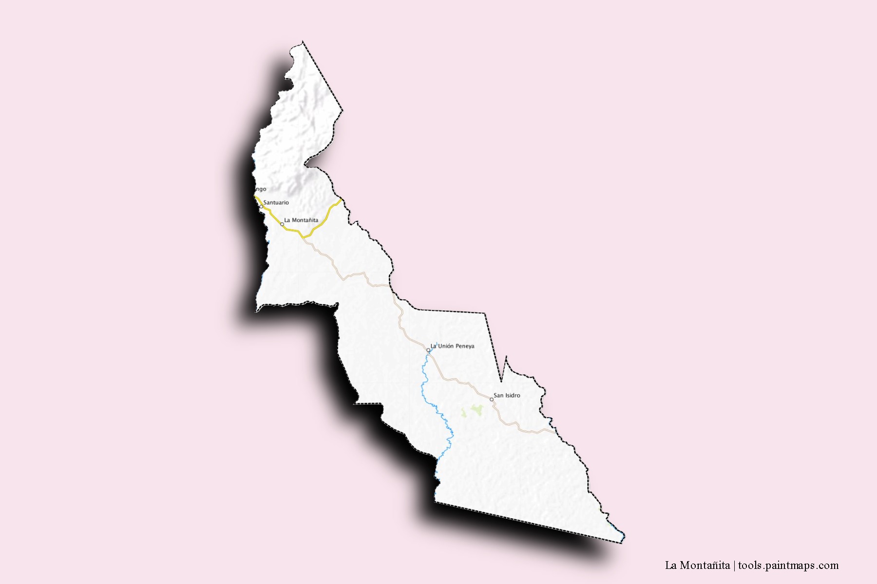 Mapa de barrios y pueblos de La Montañita con efecto de sombra 3D