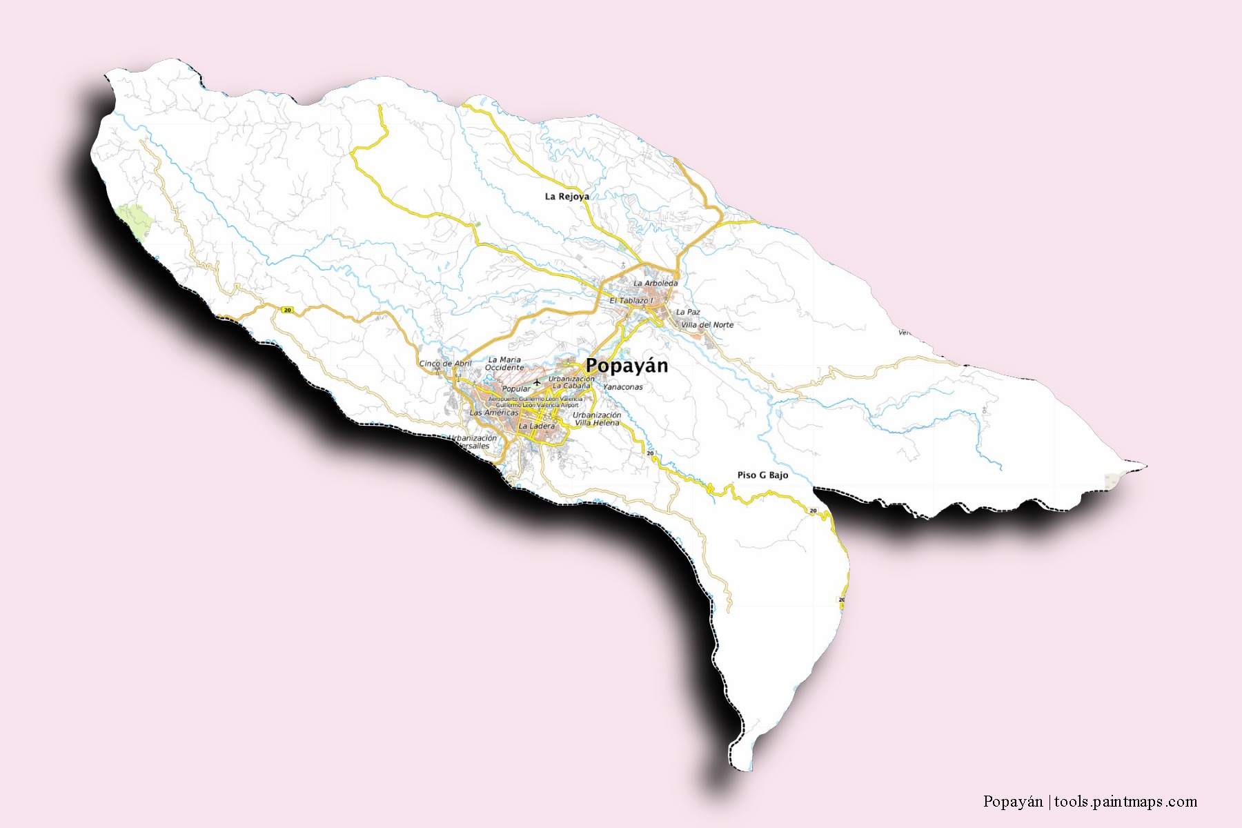 Mapa de barrios y pueblos de Popayán con efecto de sombra 3D