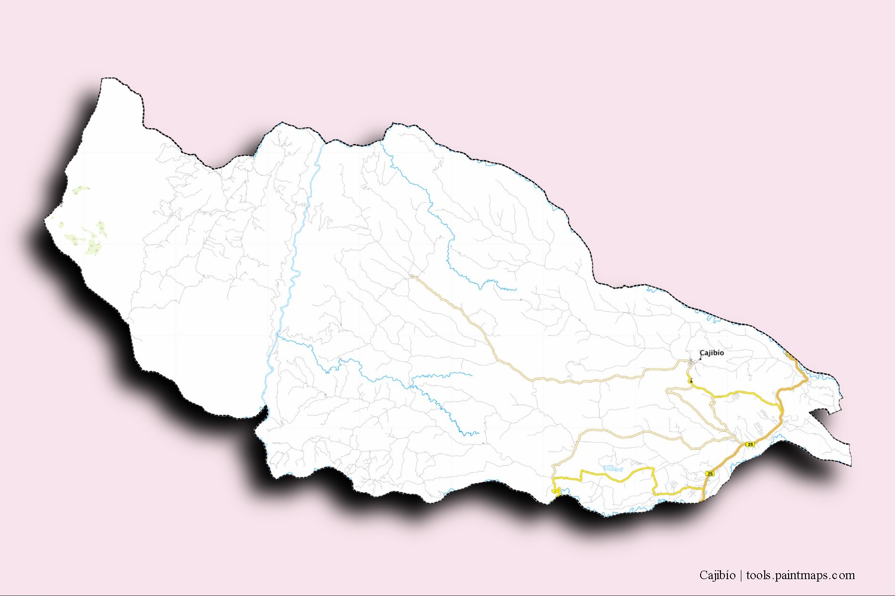 3D gölge efektli Cajibío mahalleleri ve köyleri haritası