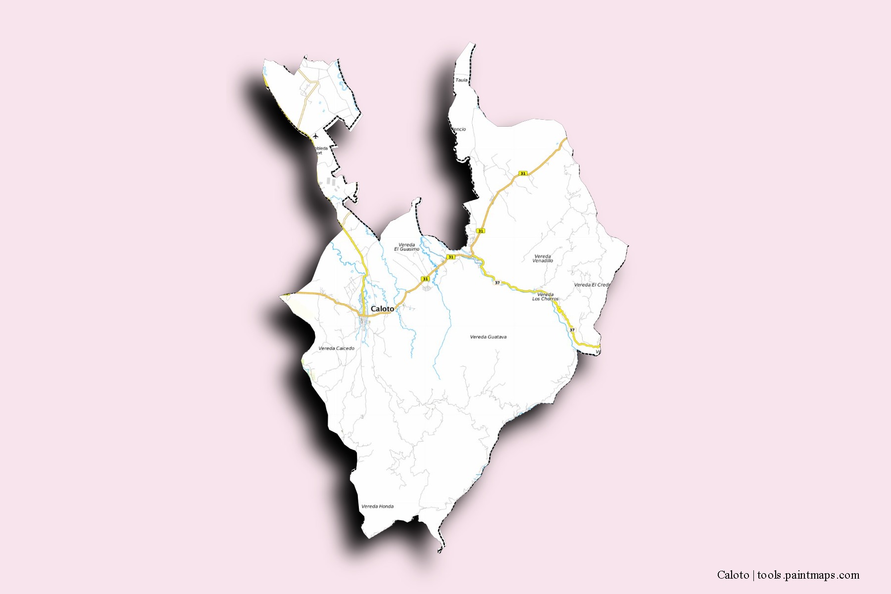 Mapa de barrios y pueblos de Caloto con efecto de sombra 3D