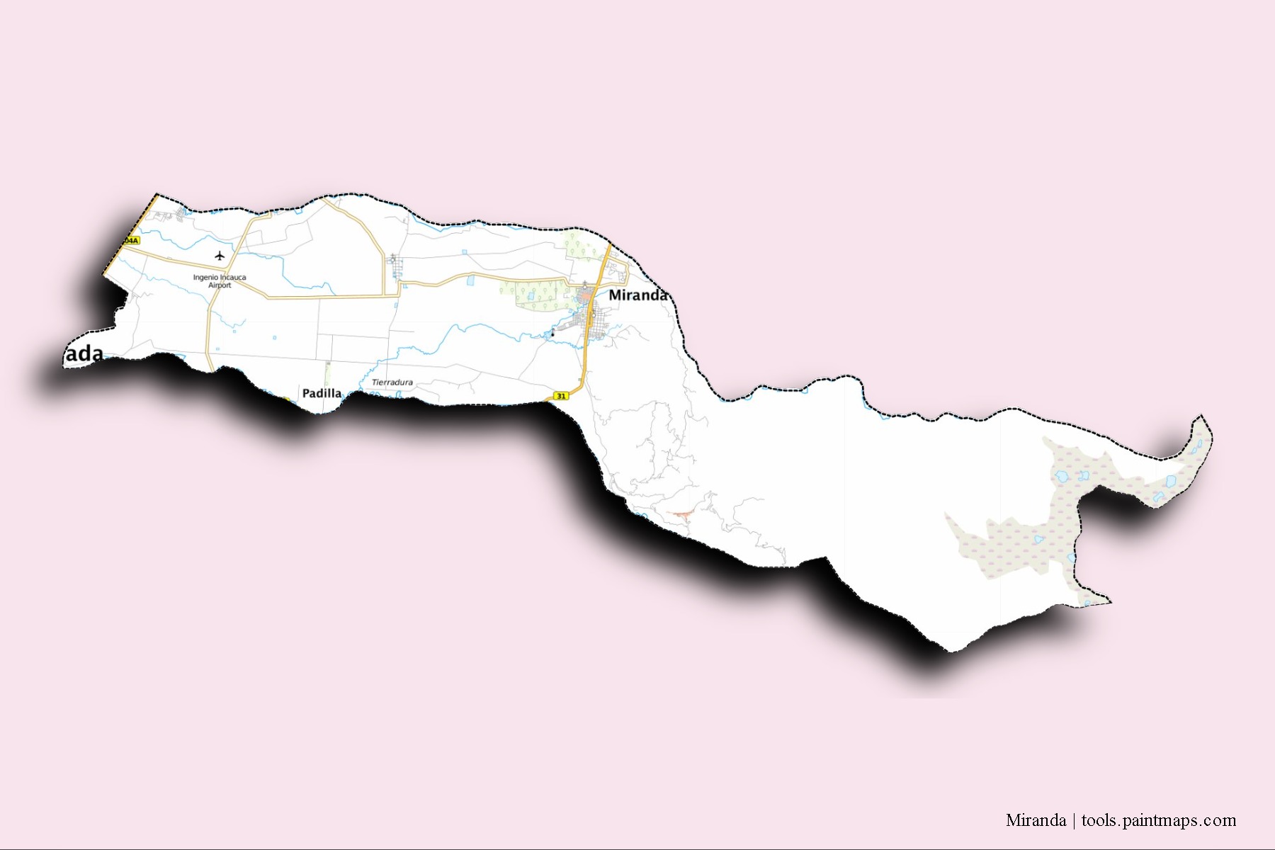 Mapa de barrios y pueblos de Miranda con efecto de sombra 3D