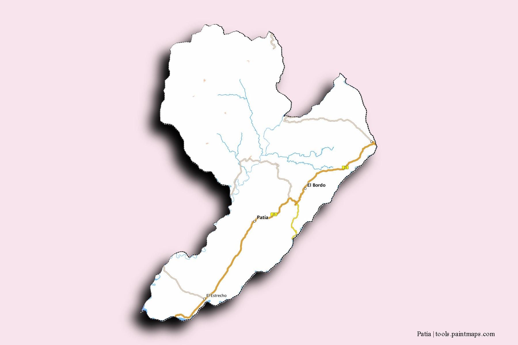 Mapa de barrios y pueblos de Patía con efecto de sombra 3D