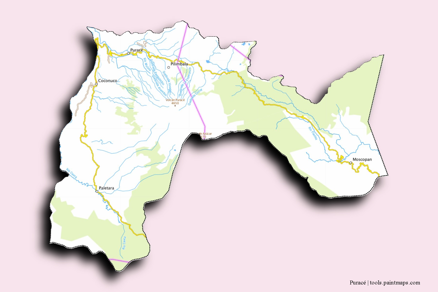 Puracé neighborhoods and villages map with 3D shadow effect