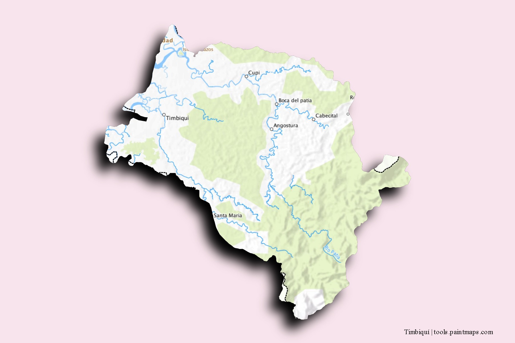 Mapa de barrios y pueblos de Timbiquí con efecto de sombra 3D