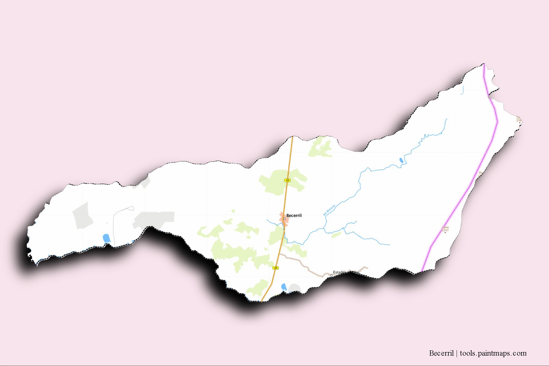 Becerril neighborhoods and villages map with 3D shadow effect