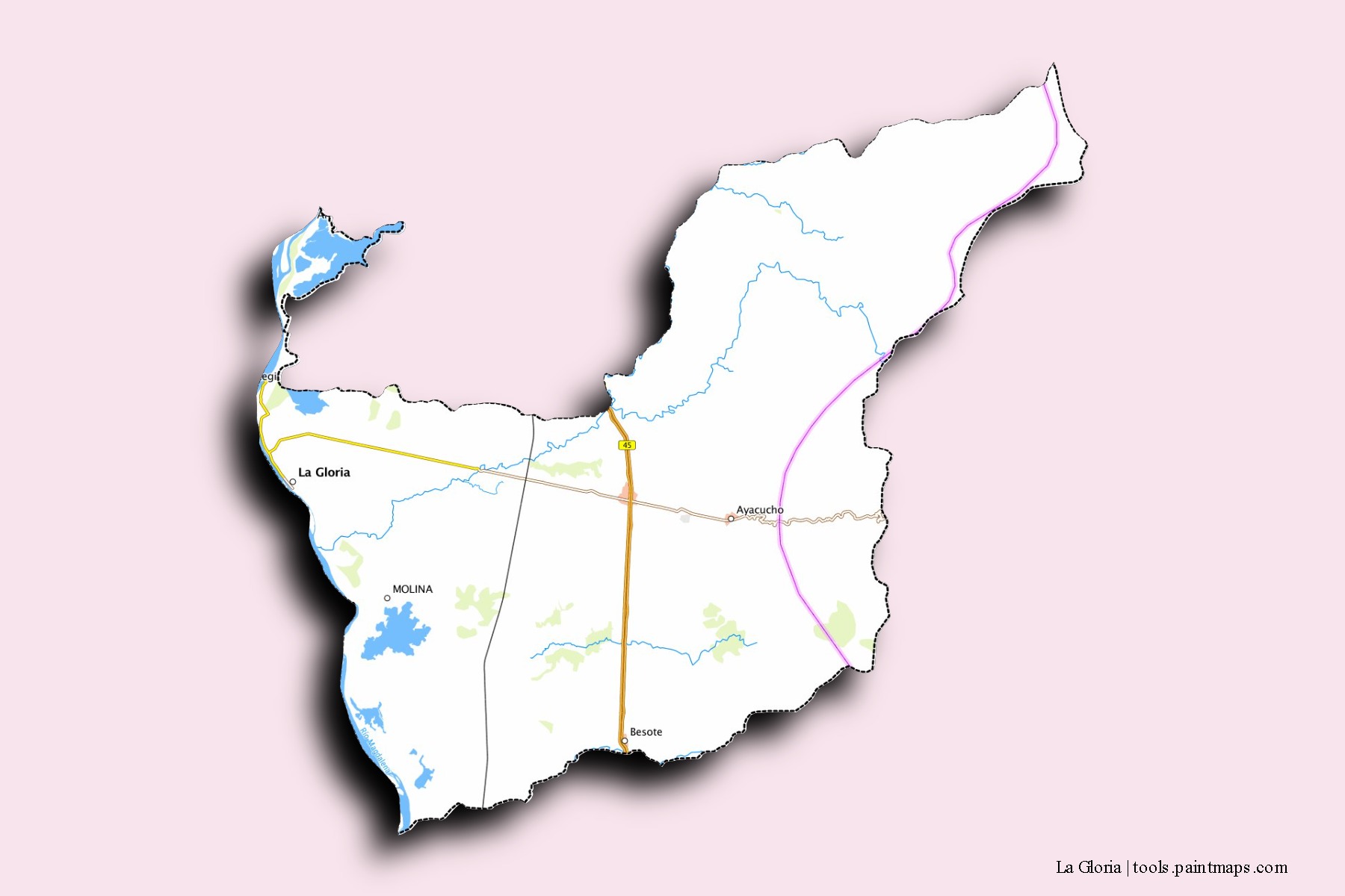 Mapa de barrios y pueblos de La Gloria con efecto de sombra 3D